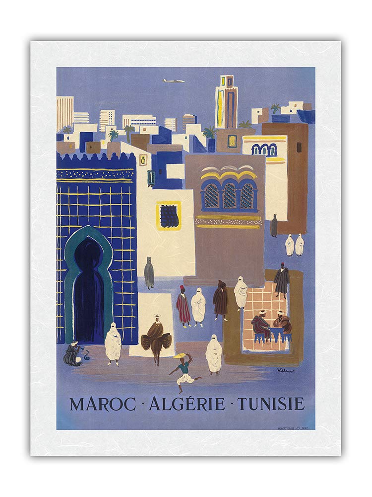 Vintage Airline Travel Poster by Bernard Villemot c.1952 - Morocco, Algeria, Tunisia Art Print - Premium Unryu Rice Paper 17x22 in - Perfect for Home Decor, Office Wall Art & Travel Enthusiast Gifts