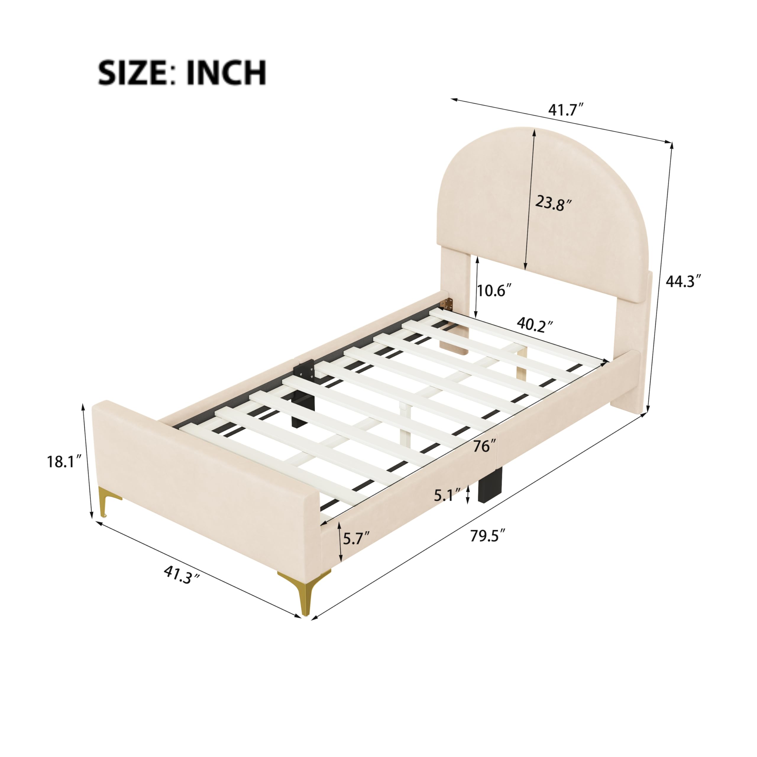 P PURLOVE Twin Upholstered Platform Bed - Modern Velvet Bed Frame with Semi-Circle Headboard & Metal Legs, Sturdy Wood Support for Boys, Girls & Teens (Beige) - Perfect for Bedrooms, Dorms & Guest Rooms