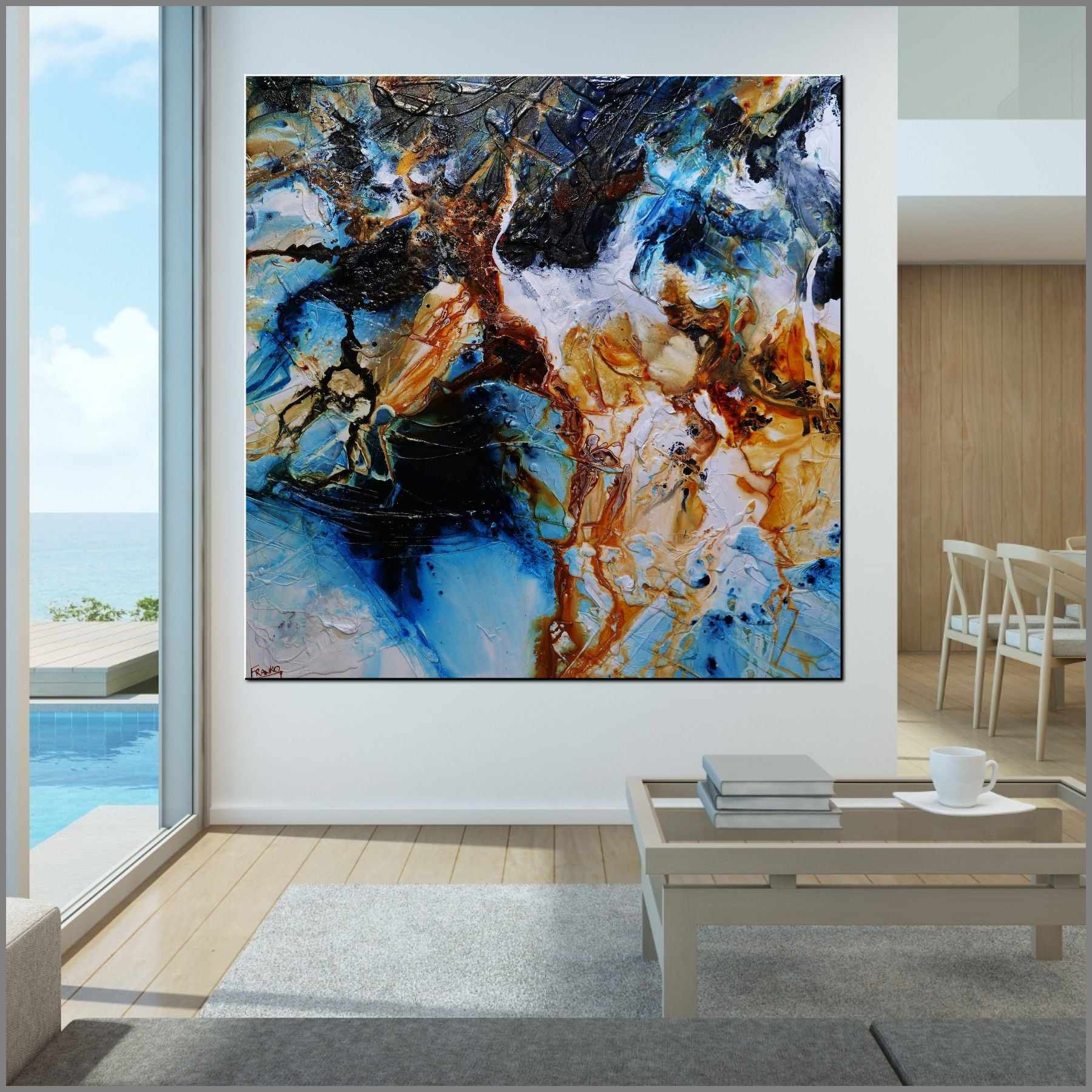 150cm x 150cm Rust, Black, Blue Textured Abstract Wall Art Painting - Modern Home Decor for Living Room, Bedroom & Office