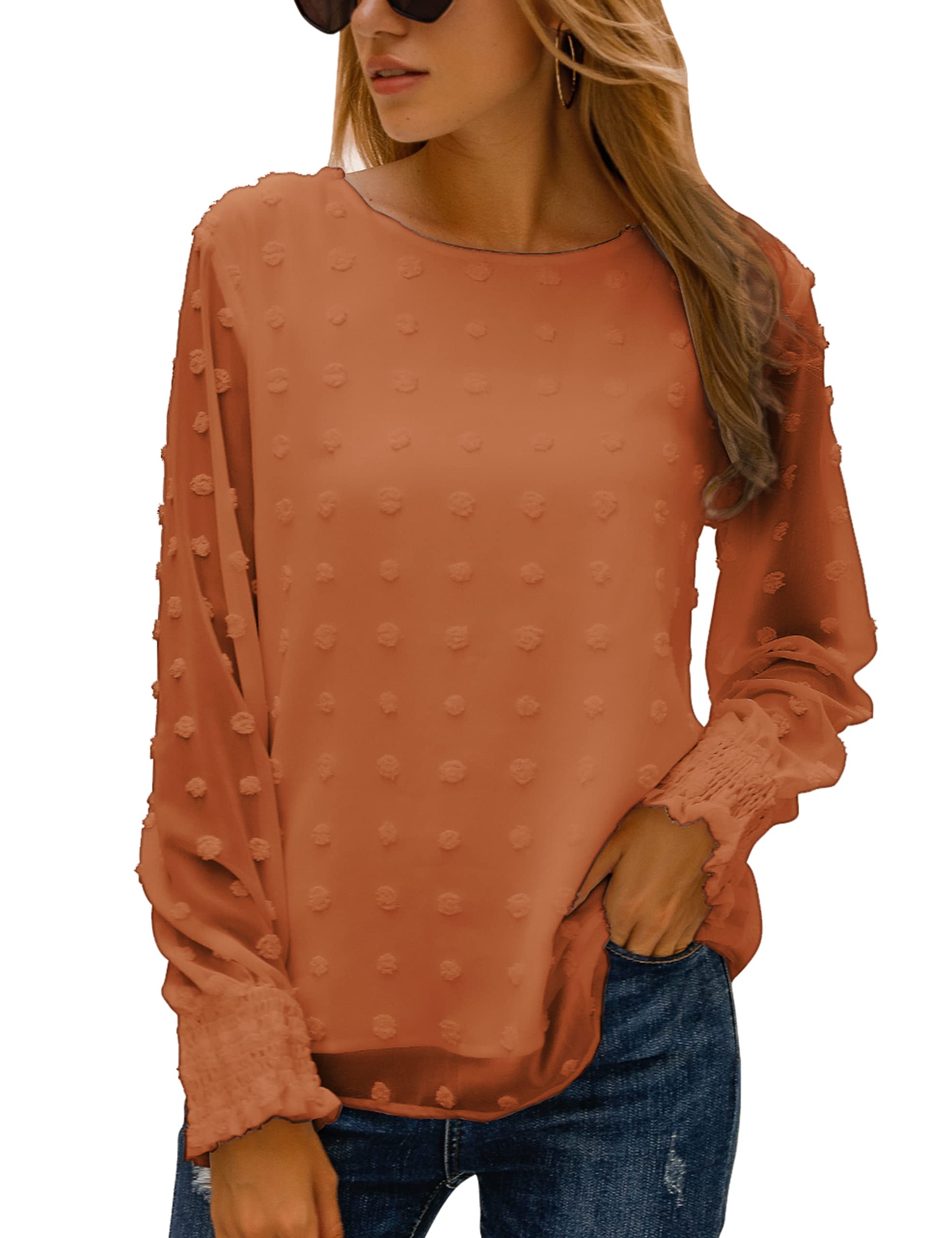 Elegant Women's Chiffon Blouse with Lantern Sleeves & Pom Pom Details - Round Neck Long Sleeve Top for Casual Wear, Office & Special Occasions