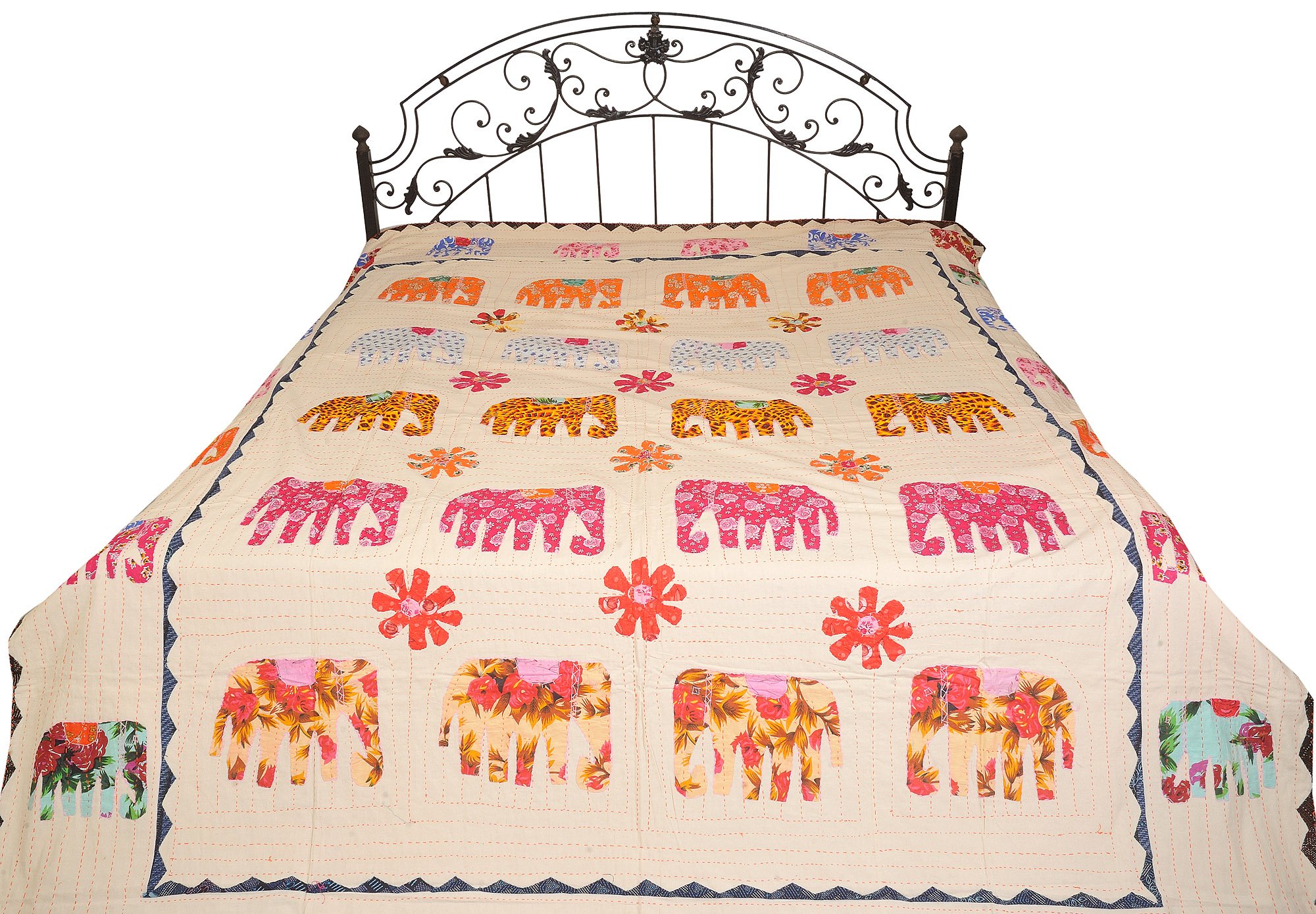Handmade Jodhpur Bedcover with Applique Elephants & Kantha Stitch Embroidery - 100% Pure Cotton Cream Bedspread - Perfect for Bohemian & Ethnic Home Decor