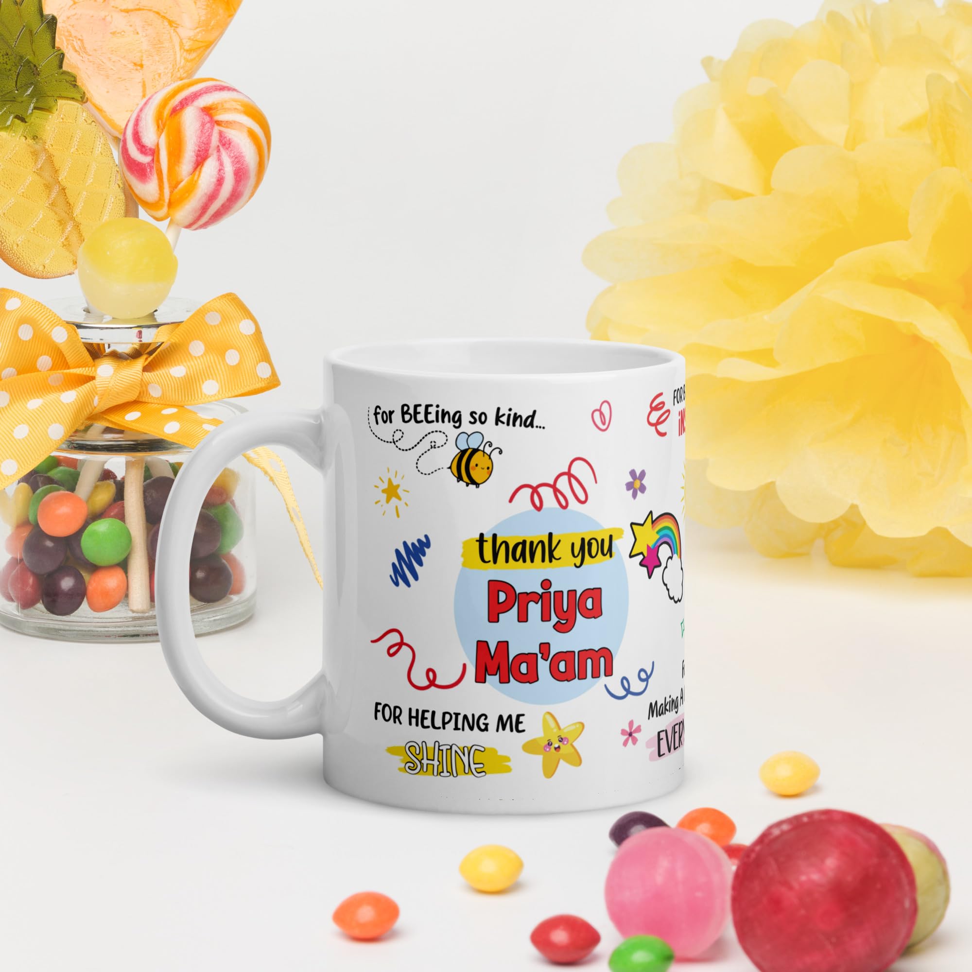 Personalized Teacher Mug - Custom Name Coffee Cup - 11oz Ceramic Tea Cup Gift for Educators - Best Thank You Present for Teachers (Ma'am/Sir) - Perfect for Classroom, Office or Retirement Celebration - 325ml