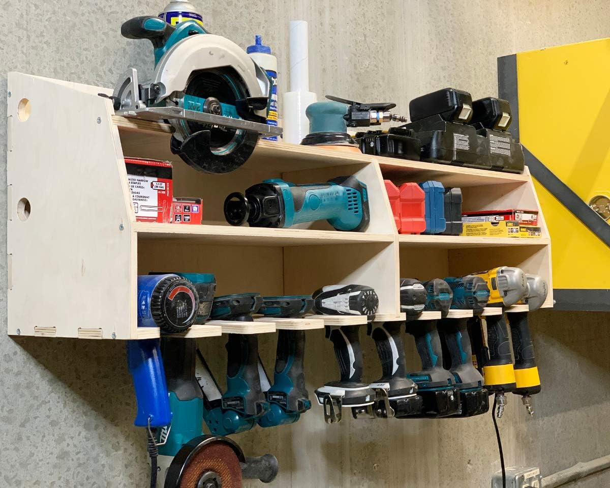 10-Slot Cordless Drill Tool Holder Organizer - Birch Plywood Storage Rack & Wall Mount Shelf for Workshop, Garage, and DIY Projects