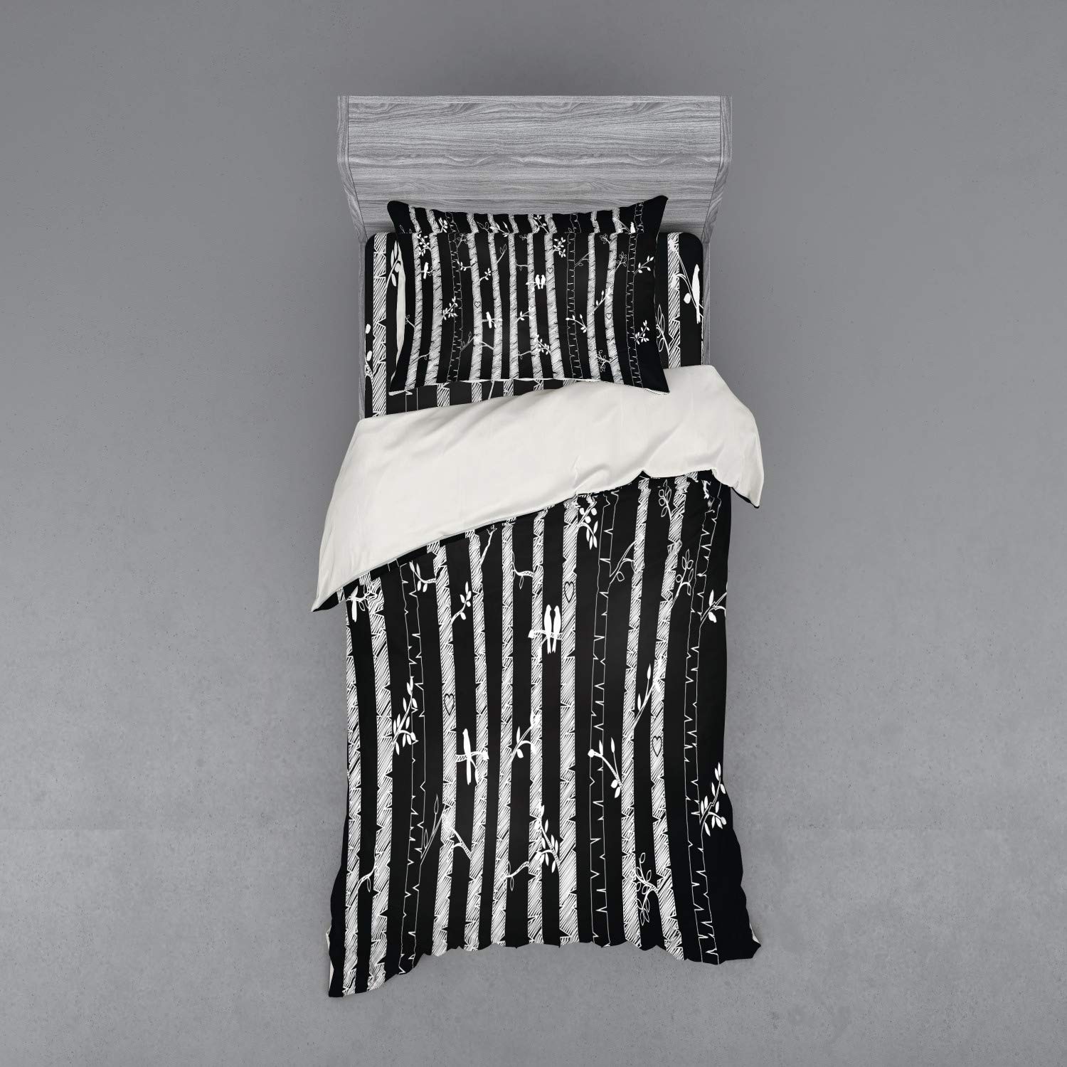 Ambesonne Black and White Duvet Cover Set - Sketch Style Jungle with Tree Trunks & Birds Autumn Nature Doodle - 3 Piece Bedding Set with Pillow Sham & Fitted Sheet - Twin XL Size - Perfect for Kids Rooms, Guest Bedrooms & Nature-Themed Decor