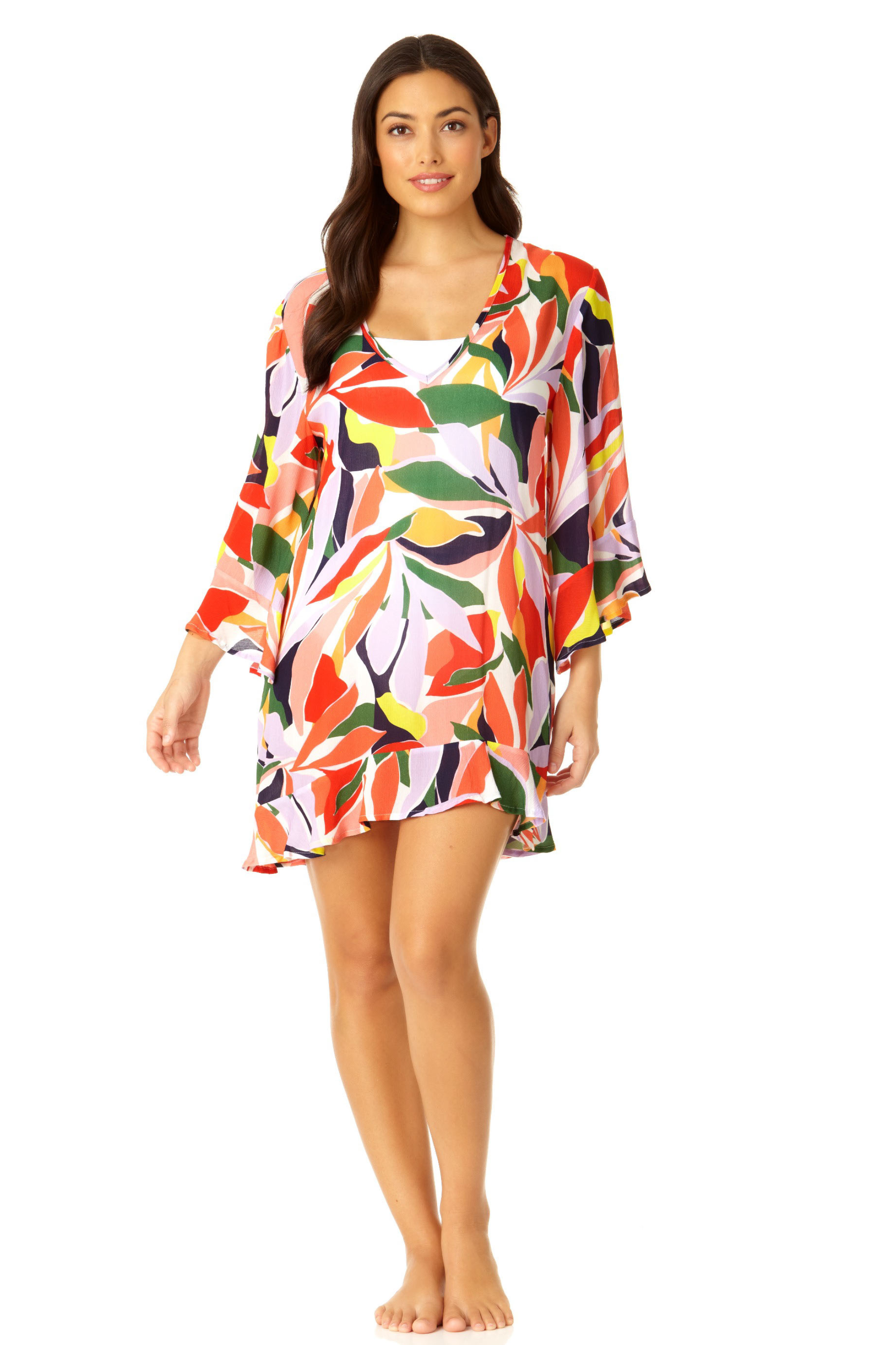 Anne Cole Women's Flounce V-Neck Tunic Swimsuit Cover Up - Stylish Beachwear for Pool, Vacation & Summer Outfits