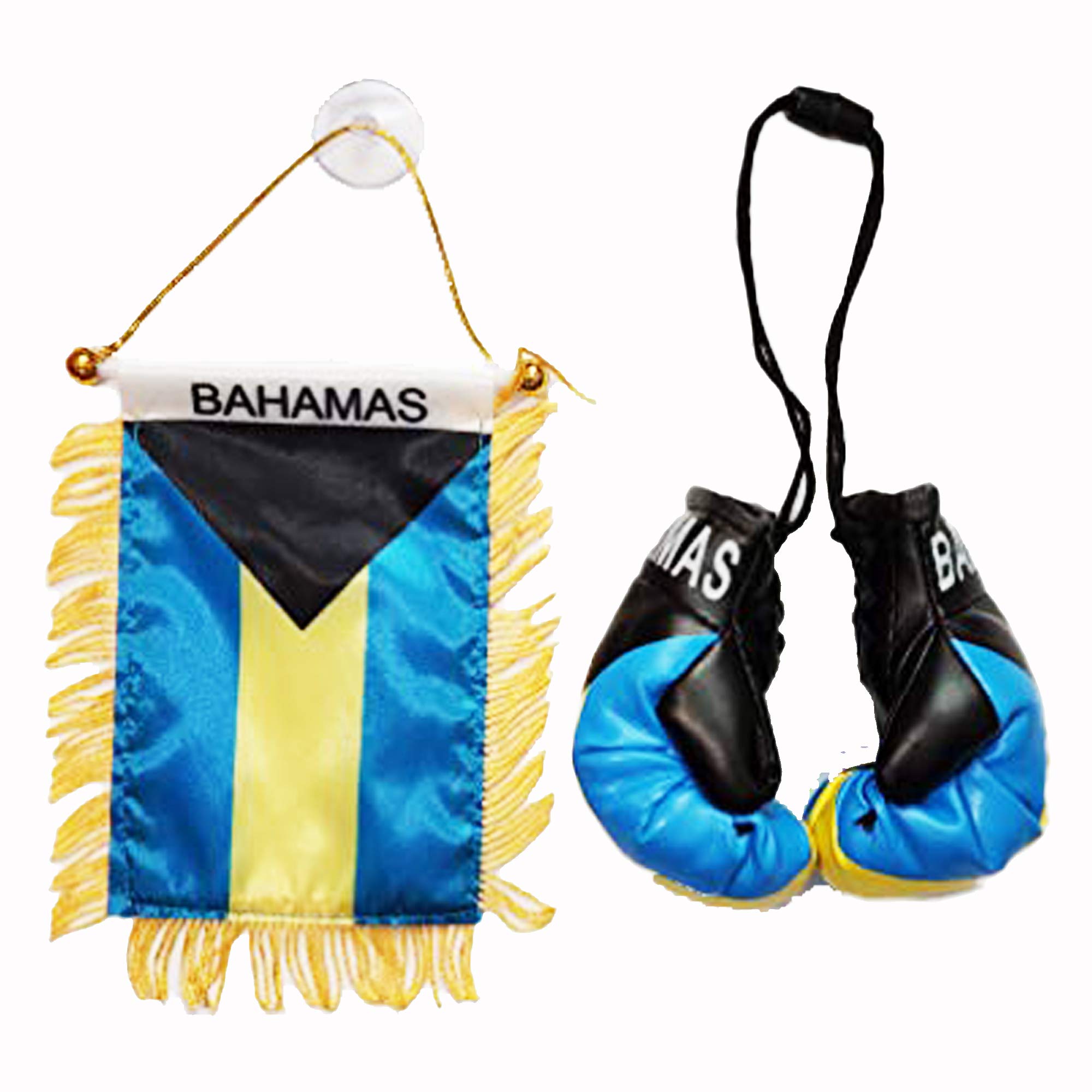 BAHAMIAN 4x6 Mini Flag & Boxing Gloves Combo Set - Patriotic Car Rearview Mirror Decor, Home Office Display, Showcase Accessories - Perfect for Sports Events, National Holidays & Bahamas-Themed Parties