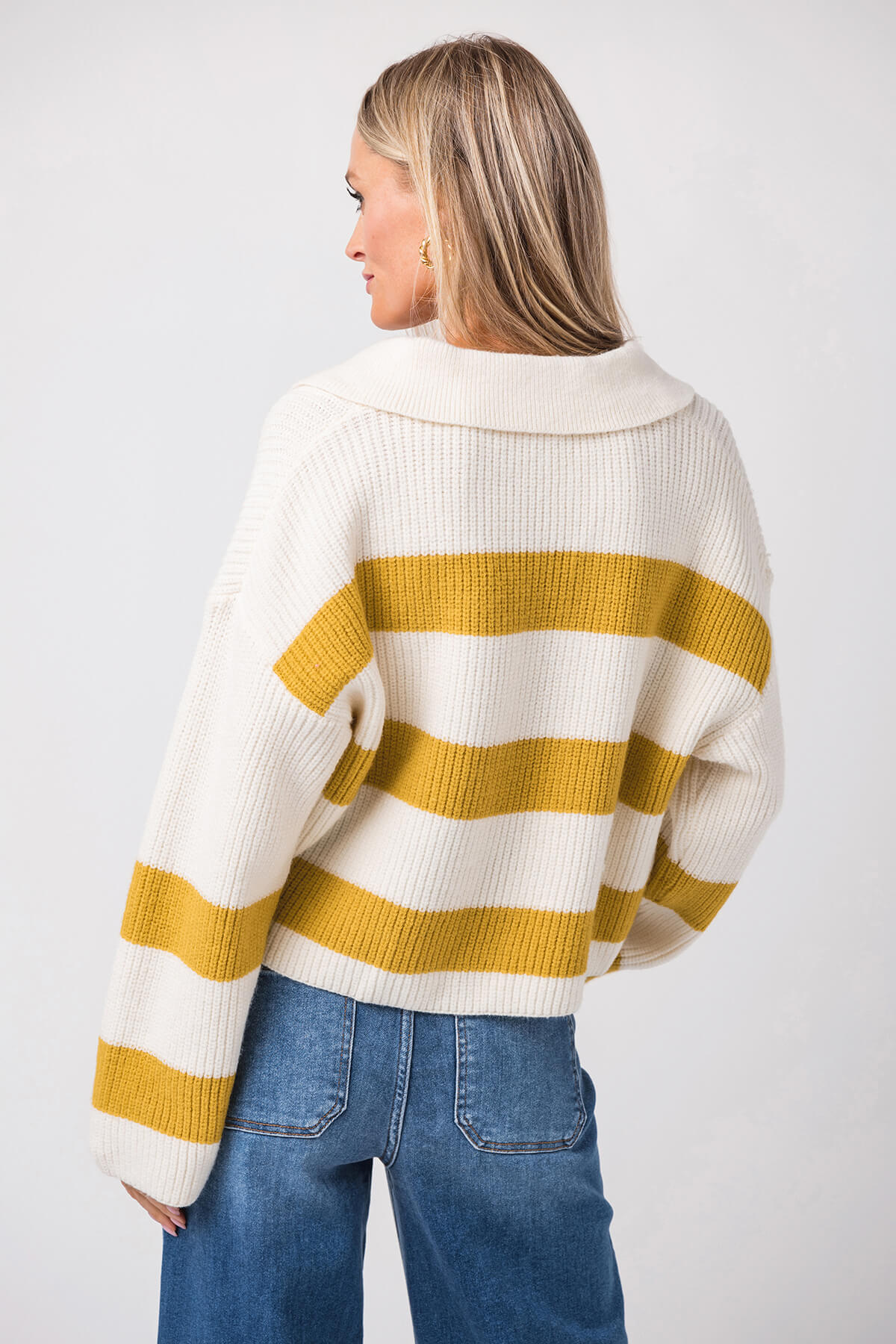 Buttermelon Stripe Drop Shoulder Wide Collar Sweater for Women - Cozy Oversized Knit Pullover for Fall & Winter, Perfect for Casual Outfits, Office Wear and Coffee Dates