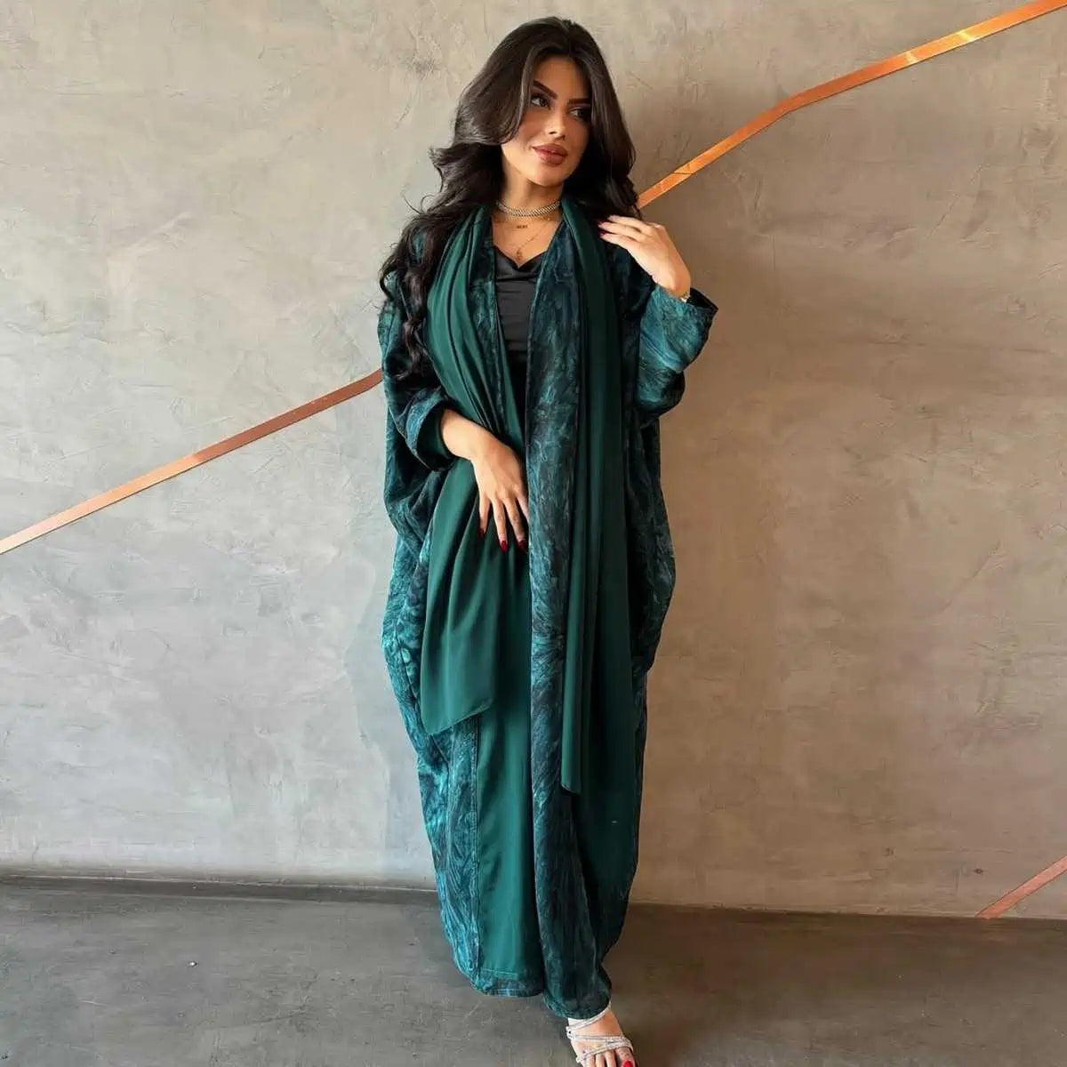 Elegant Chiffon Printed Cardigan Open Abaya Dress with Matching Hijab - Modest Muslim Fashion for Women, Perfect for Prayer, Eid, and Special Occasions