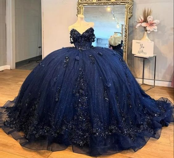 Elegant Navy Blue Sweet 16 Quinceanera Dress with Applique Details - Ball Gown Birthday Party Dress J4960 | Perfect for Quinceañeras, Sweet 16 Parties, Prom & Formal Events