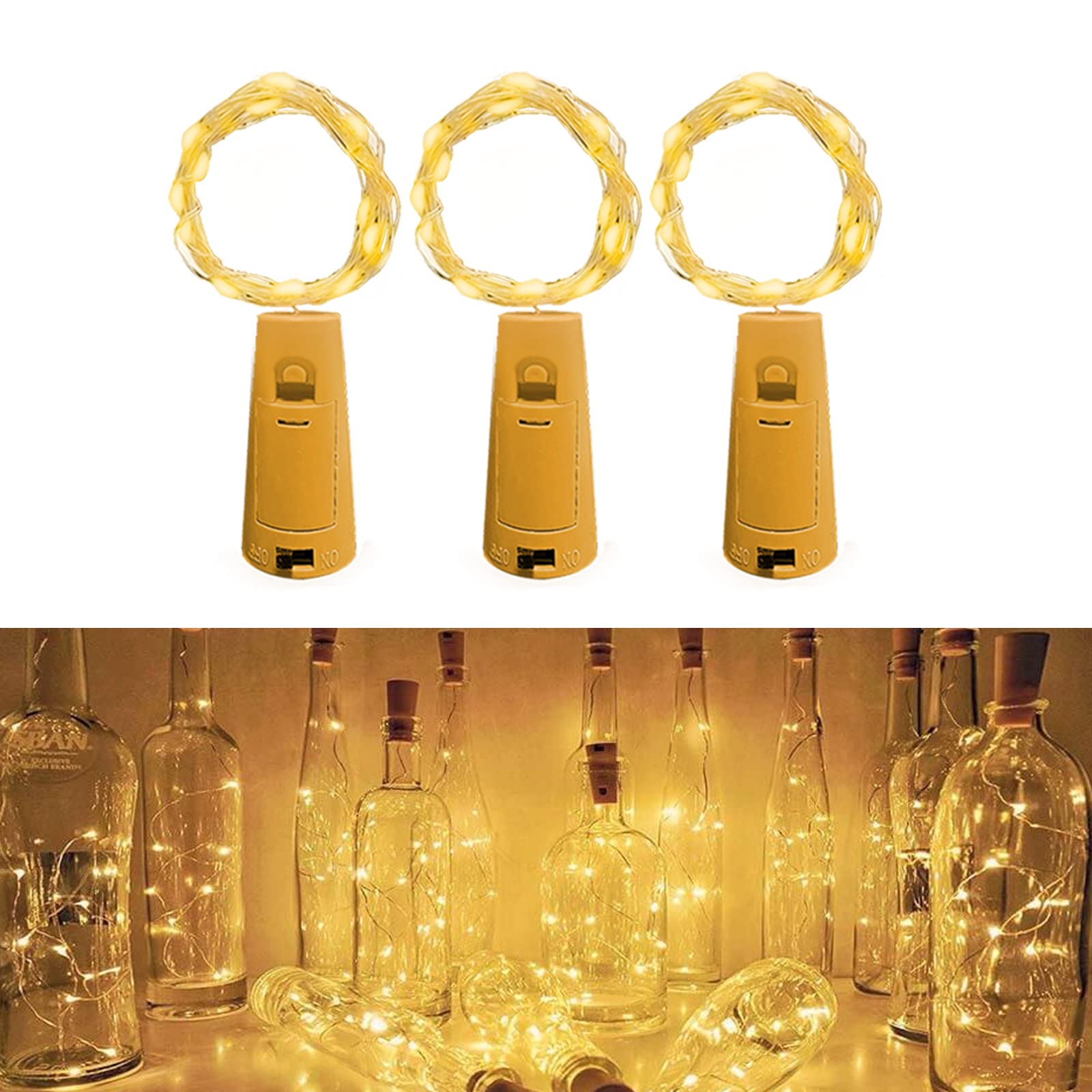 Jsdoin 2M 20 LED Cork Bottle Lights - 3 Pack Warm White Fairy String Lights Battery Operated for Wine Bottles, DIY Table Centerpieces - Perfect for Christmas Parties, Weddings, Home & Outdoor Decorations