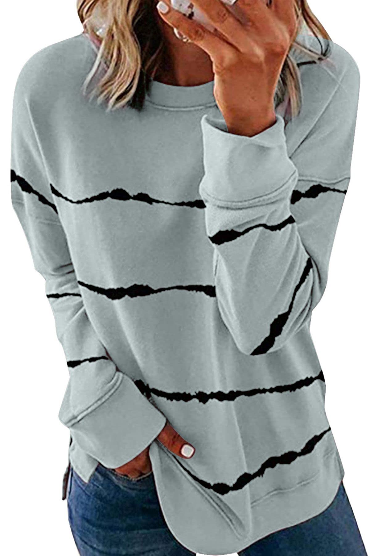 SMENG Women's Casual Striped Crewneck Sweatshirt - Long Sleeve Side Split Pullover Top for Fall & Winter | Perfect for Daily Wear, Workout, and Weekend Outfits