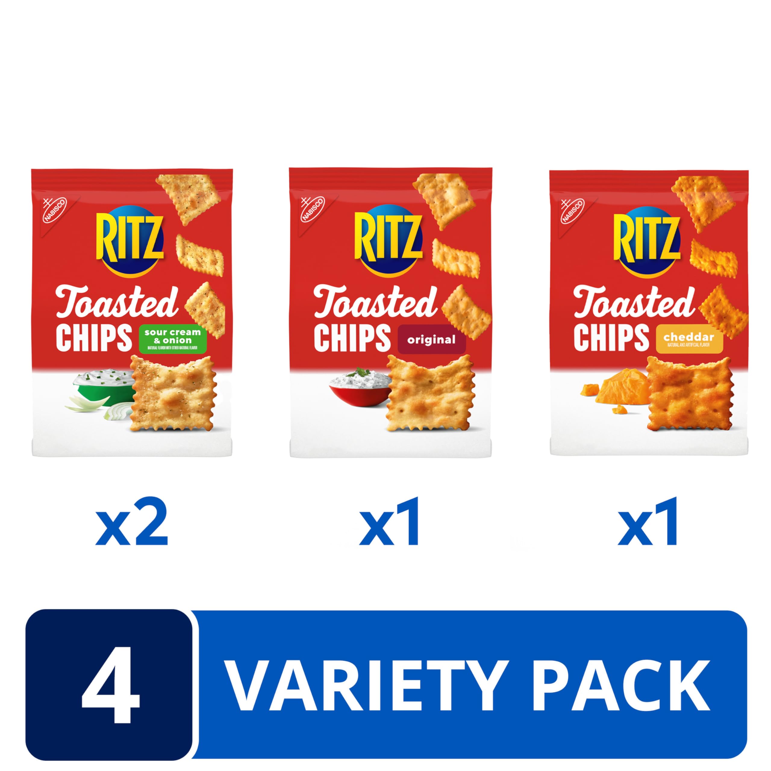 RITZ Toasted Chips Variety Pack - Cheddar, Sour Cream & Onion, Original Flavored Crackers | Bulk Party Snacks for Office, School & Family Gatherings (4 Bags)