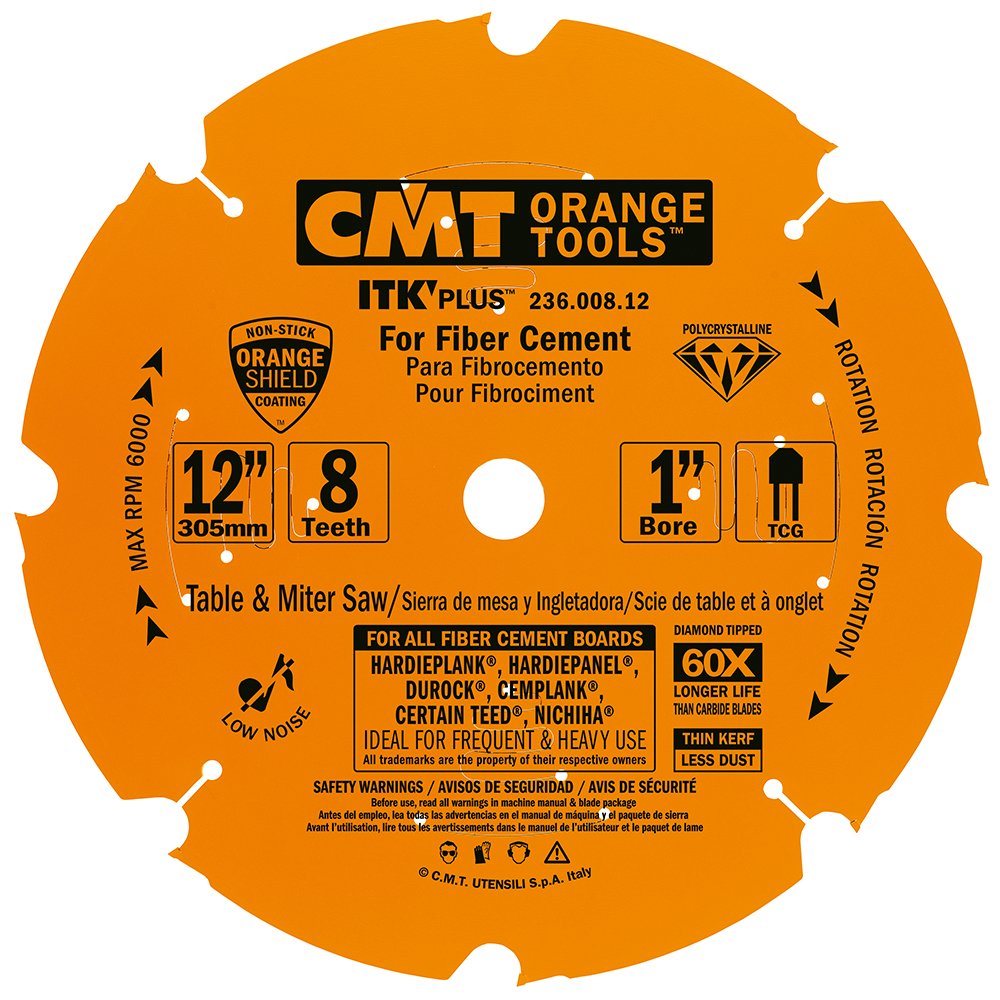 CMT 236.008.12 ITK PLUS 12-Inch Diamond Saw Blade for Fiber Cement Cutting - 8 Trapezoidal Teeth, 1-Inch Arbor, PTFE Coated | Perfect for Fiber Cement Siding, Backer Board & Tile Underlayment Projects