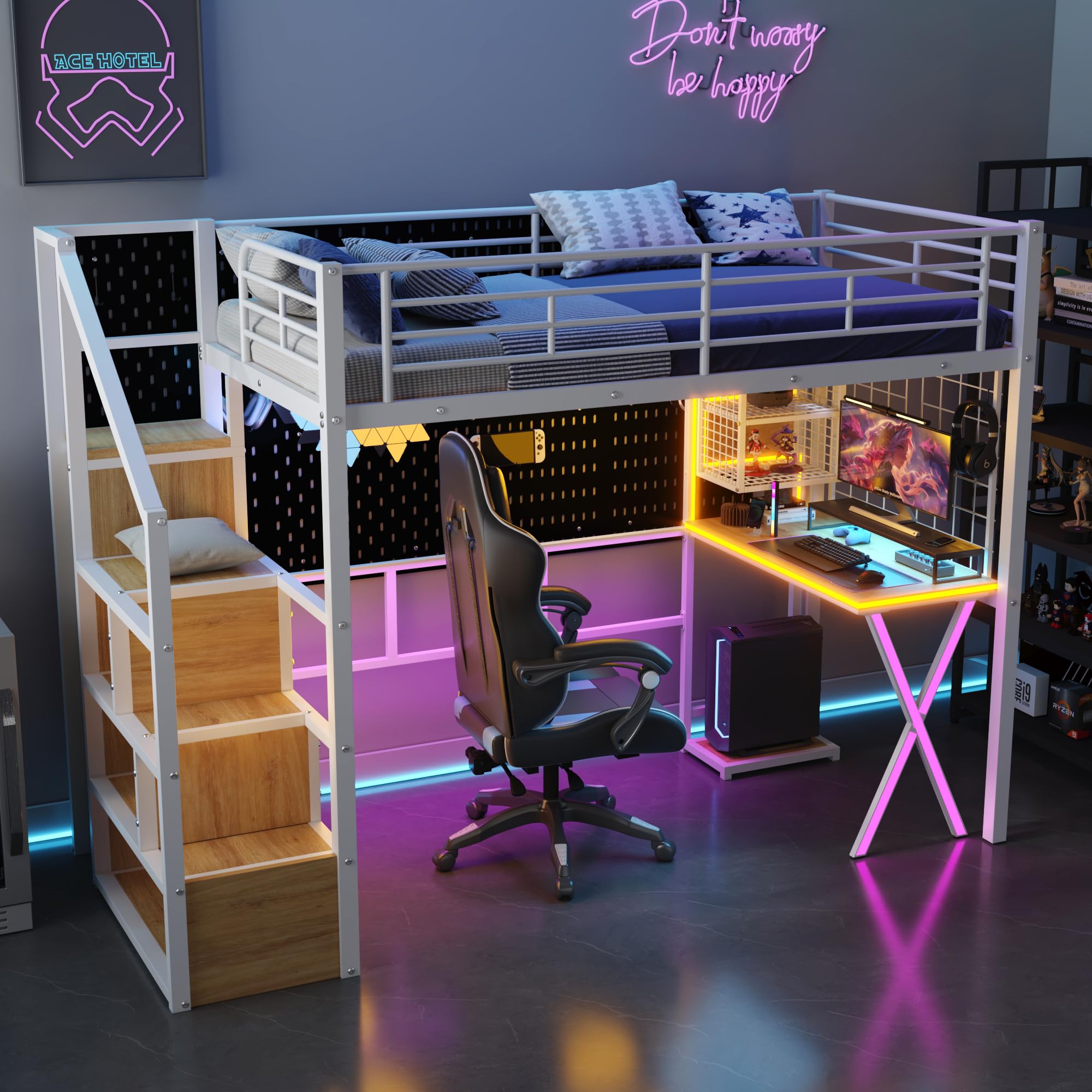 LZ LEISURE ZONE Twin Size Metal Loft Bed with Built-in Desk, Wardrobe, Storage Stairs & LED Lights - White | Space-Saving Bedroom Furniture for Teens, College Dorms & Small Apartments