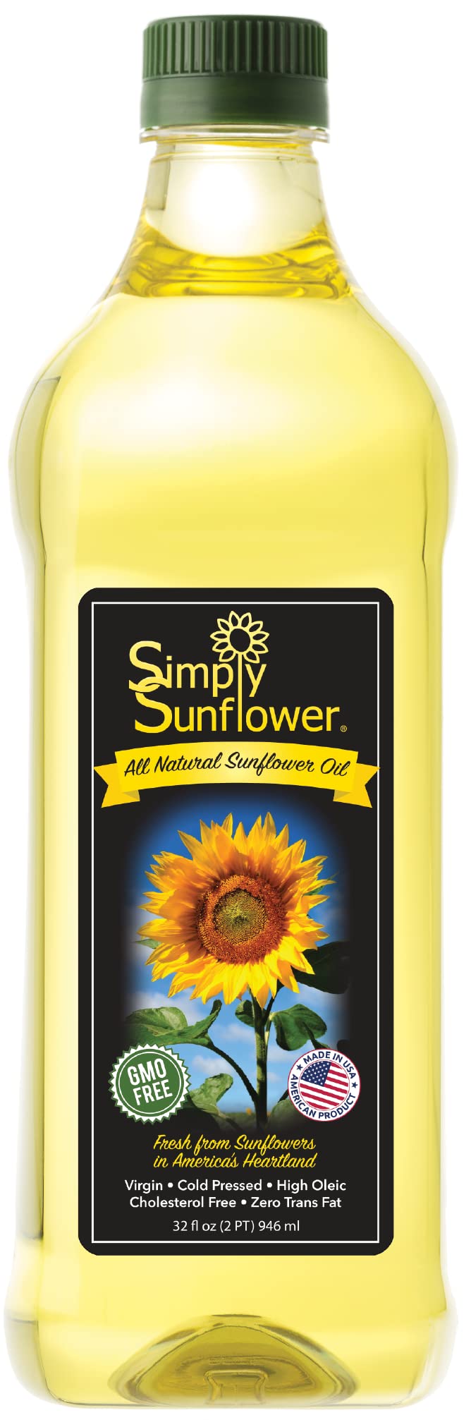 Organic Sunflower Oil 32 oz - Non-GMO, Gluten-Free, Vegan Cooking Oil - Heart Healthy & Cold Pressed - Made in USA - Perfect for Baking, Frying & Salad Dressings