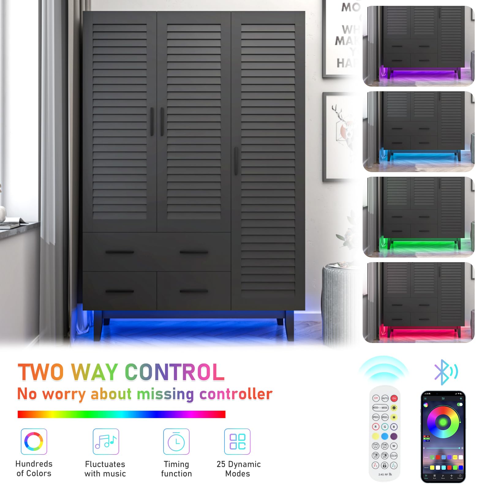 3 Door Armoire Wardrobe Closet with LED Lights & Drawers - Large Capacity Storage Cabinet with Multi-Tier Shelves, Hanging Rod & Louver Doors for Bedroom Organization - Perfect for Clothes, Shoes & Accessories Storage (Black)