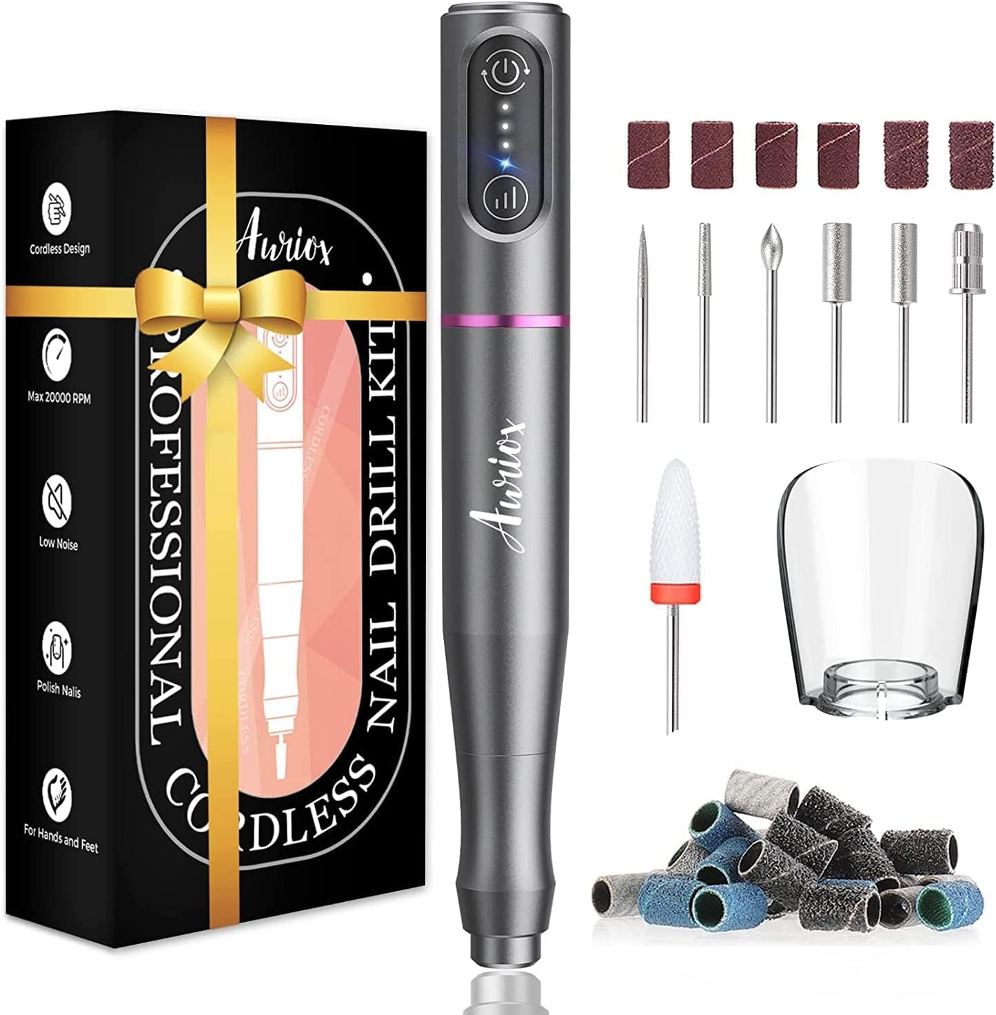 Auriox Professional Cordless Electric Nail Drill & File Kit - Rechargeable Portable Manicure Pedicure Tool with Ceramic Bit for Acrylic, Gel & Natural Nails (Gray) | Perfect for Home Salon & Nail Art Enthusiasts