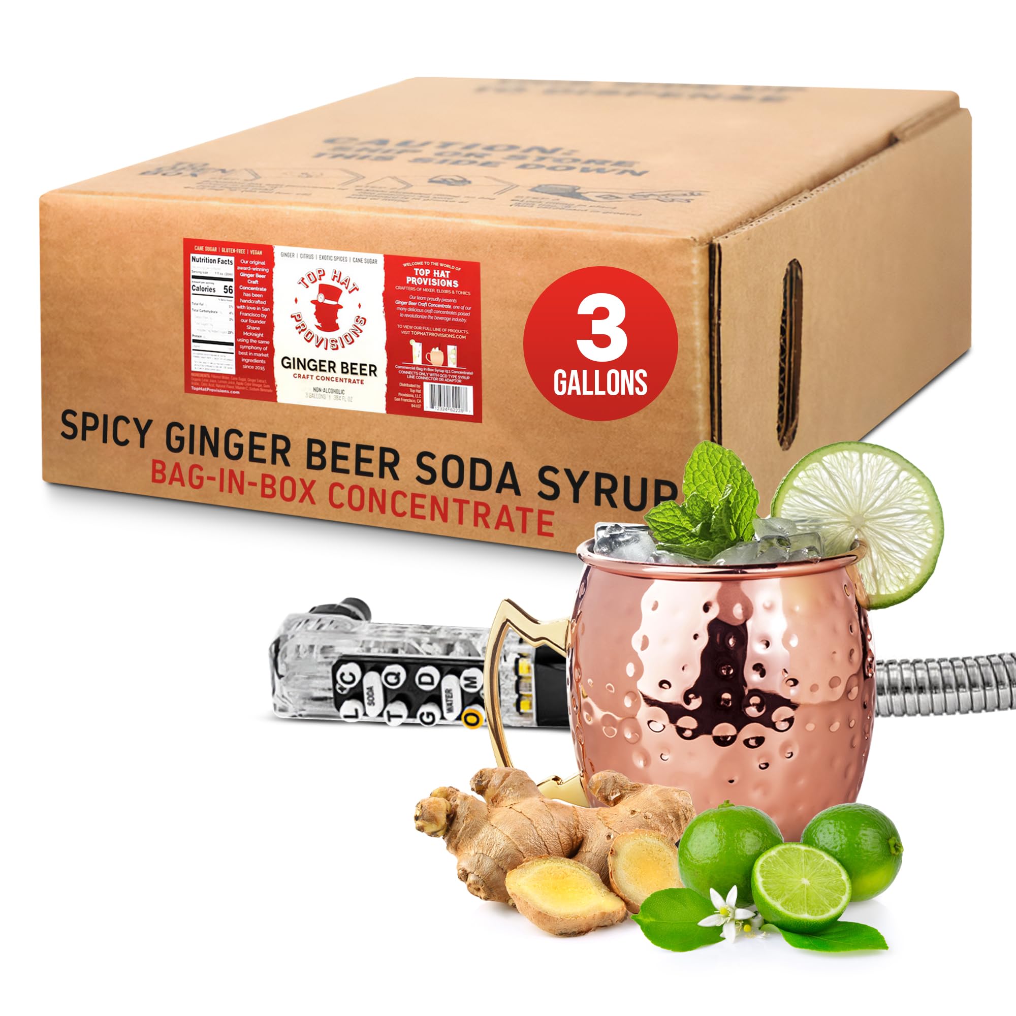 Top Hat Original Spicy Ginger Beer Soda Syrup - 3 Gallon BIB (Bag in Box) Concentrate for Commercial Soda Guns & Fountain Systems - QCD Connection Required - Perfect for Bars, Restaurants & Catering Services