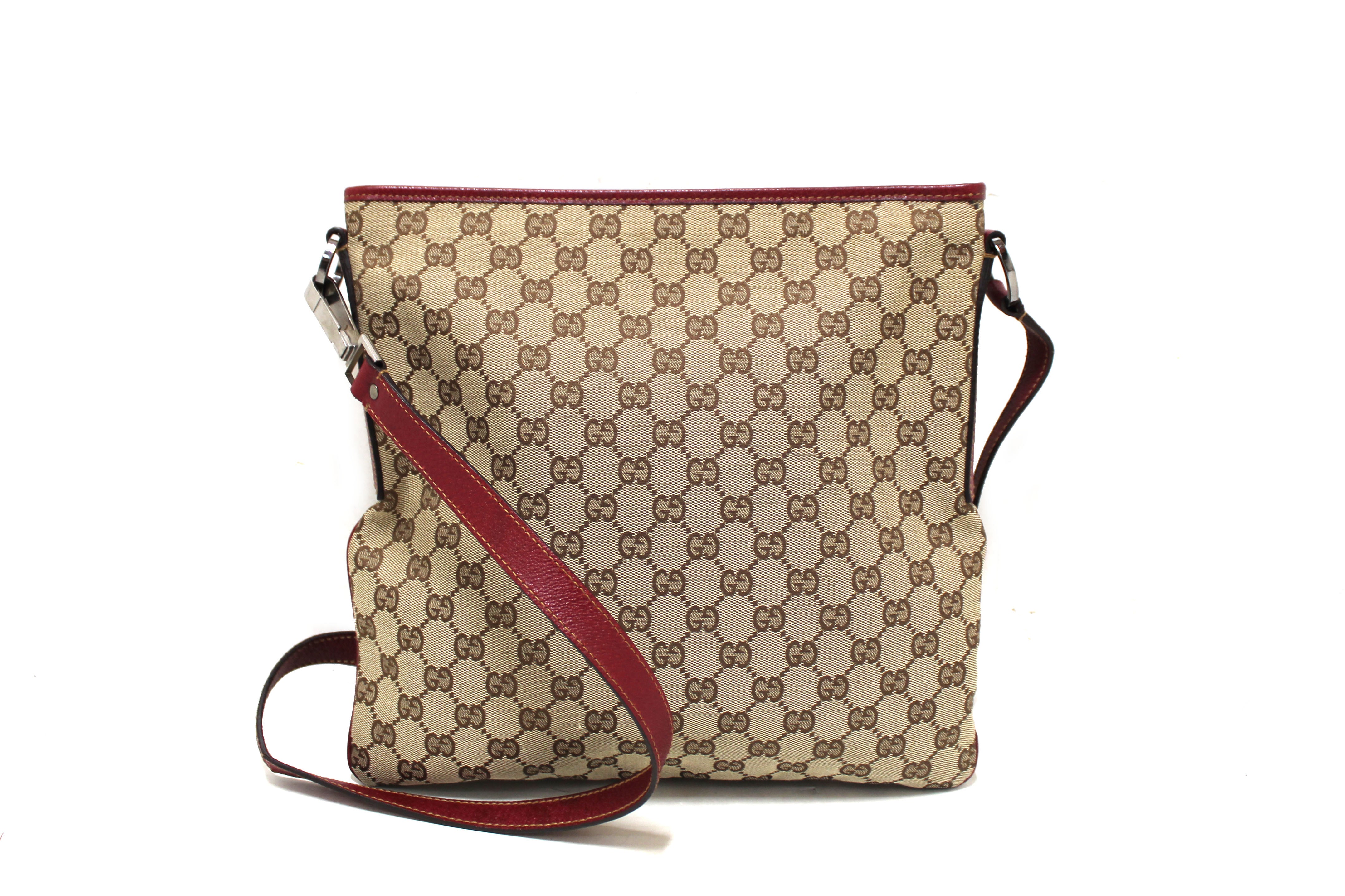 Authentic Gucci GG Monogram Coated Canvas Messenger Bag with Red Leather Trim - Stylish Crossbody Bag for Women, Perfect for Work, Travel & Everyday Use