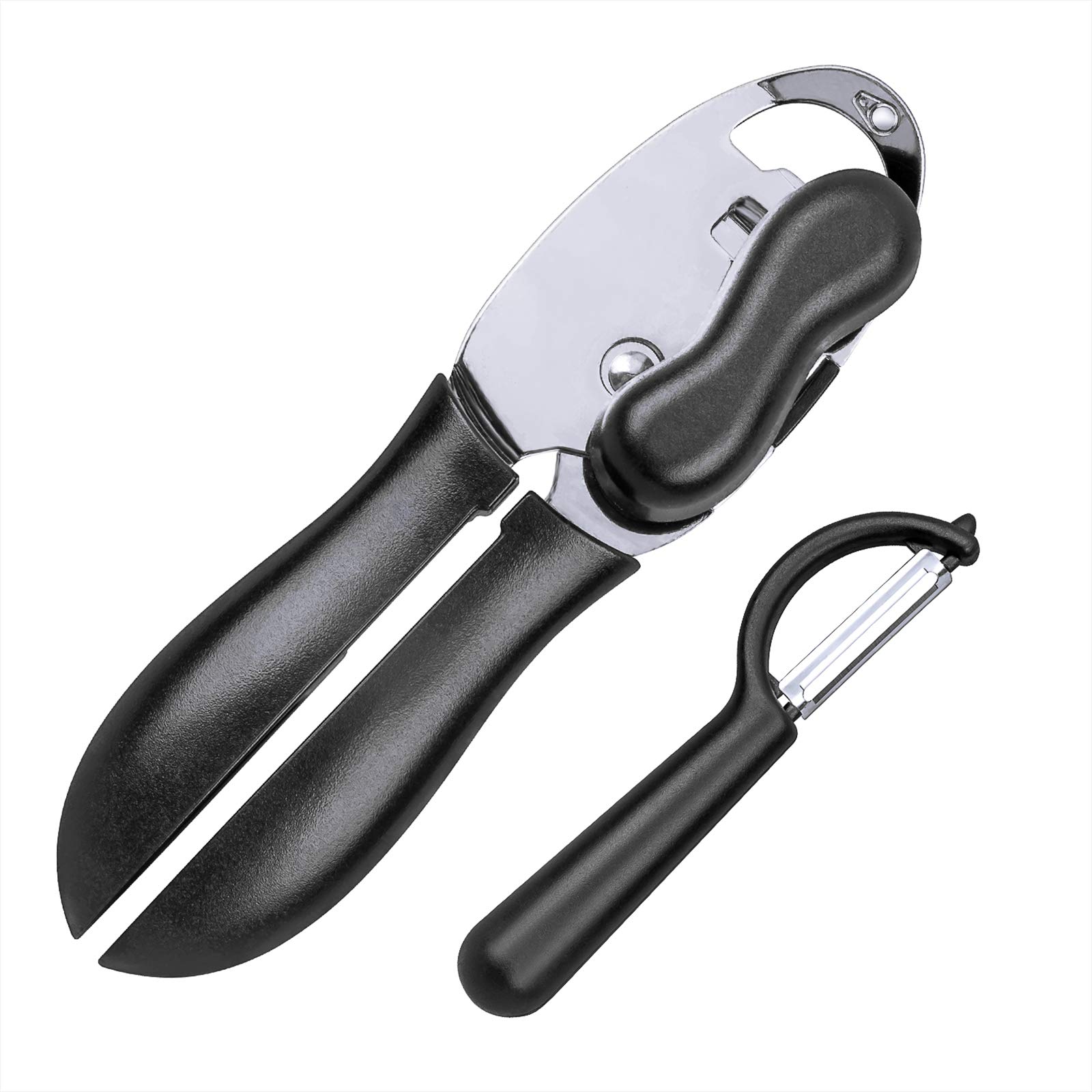 ZEVEZ Manual Can Opener - Durable Stainless Steel Smooth Edge Opener for Seniors & Arthritis - Ultra Sharp Commercial Grade with Bonus Vegetable Peeler - Ideal for Kitchen, Camping & Emergency Prep
