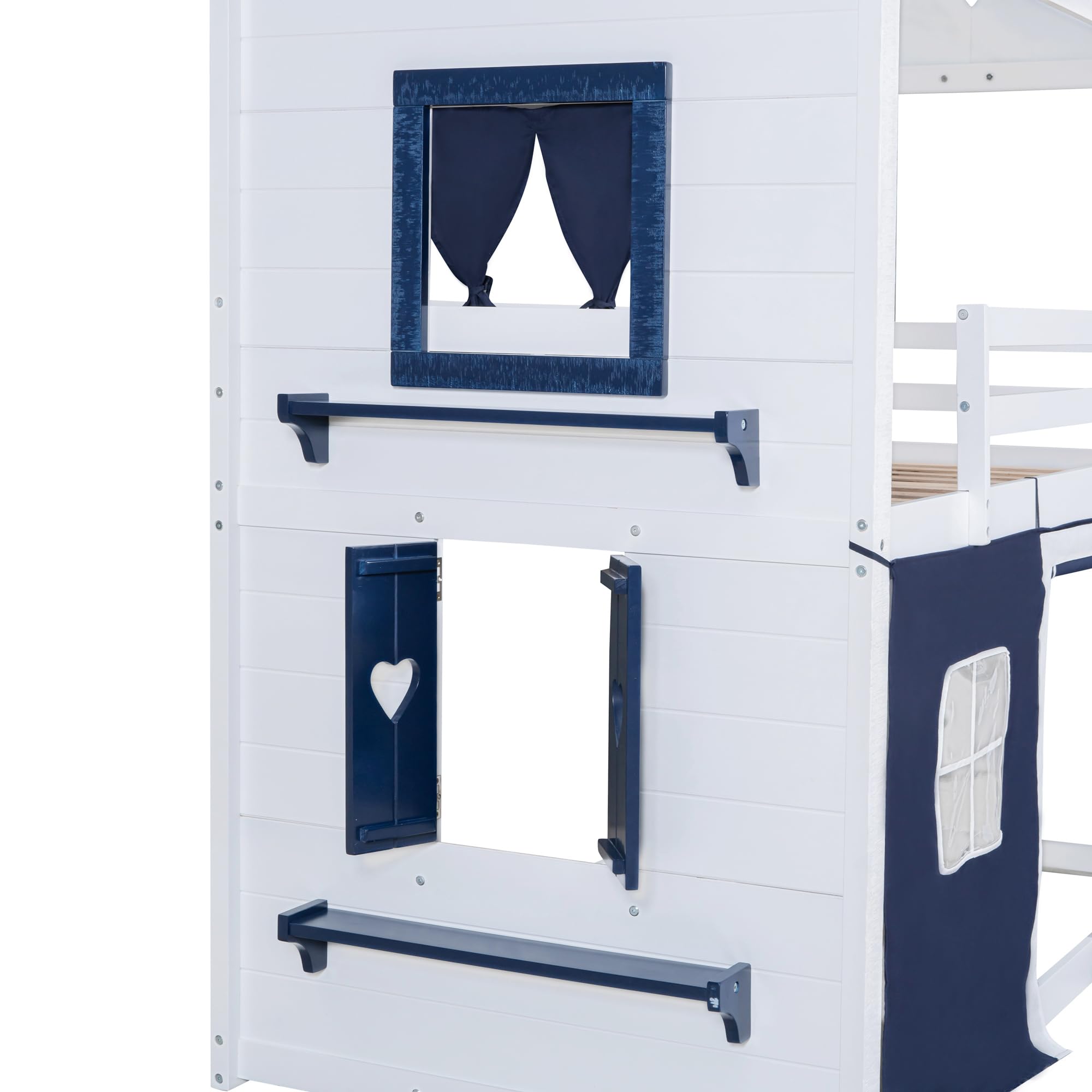 Harper & Bright Designs Twin Over Twin Wooden Bunk Bed with Elegant Windows, Sills & Tent - Blue & White House Bed for Kids' Room, Sleepovers & Space-Saving Bedroom Solutions