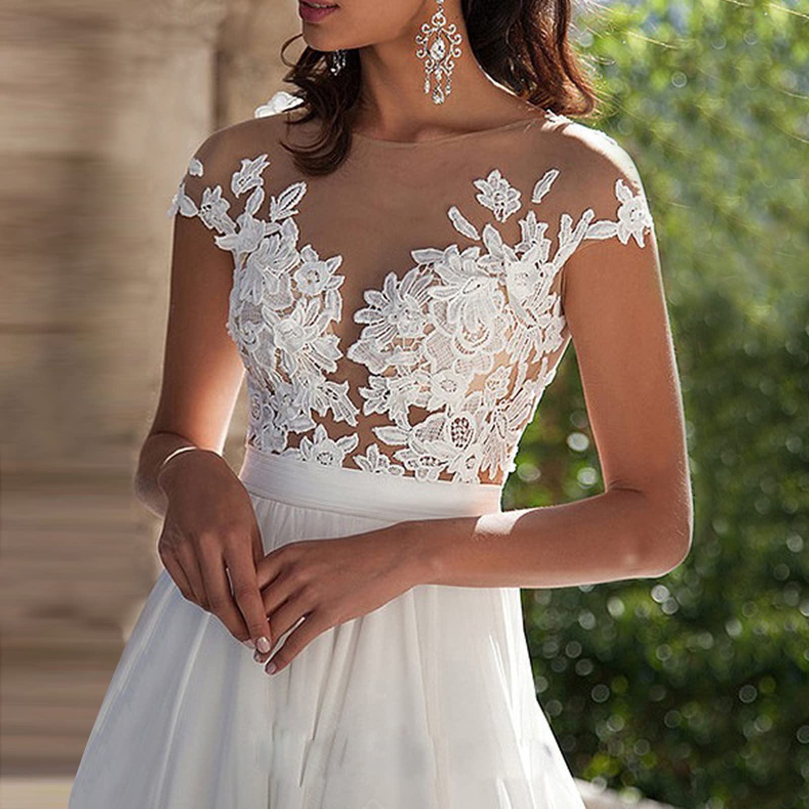 Elegant White Lace Wedding Dress for Women - V-Neck Long Bridal Gown with Crochet Details & Backless Design | Perfect for Beach Weddings, Evening Galas & Romantic Photoshoots