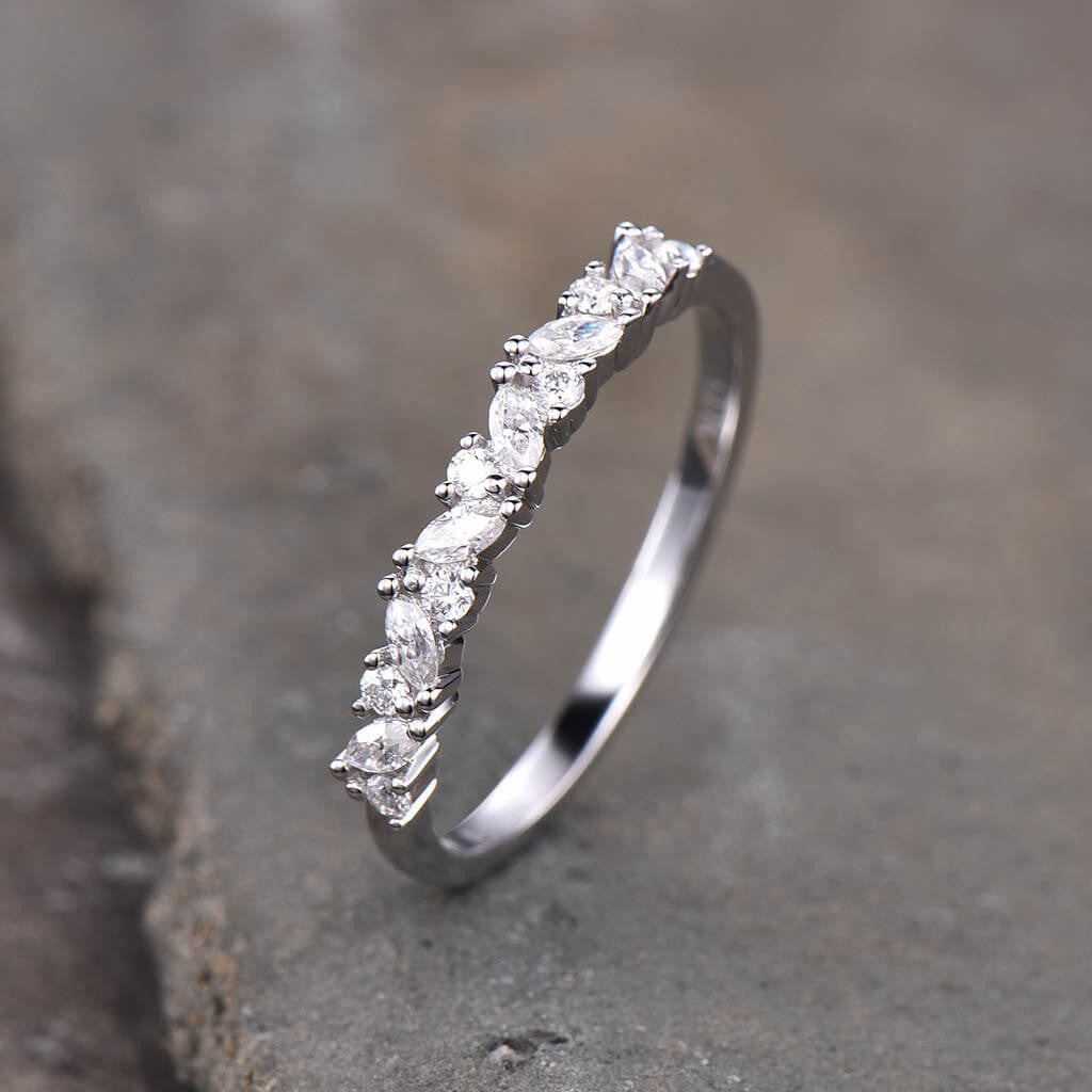 Vintage Cluster Moissanite Ring for Women - 14K Yellow Gold Marquise Stackable Wedding Band, Art Deco Inspired Jewelry for Bridal, Anniversary, and Special Occasions