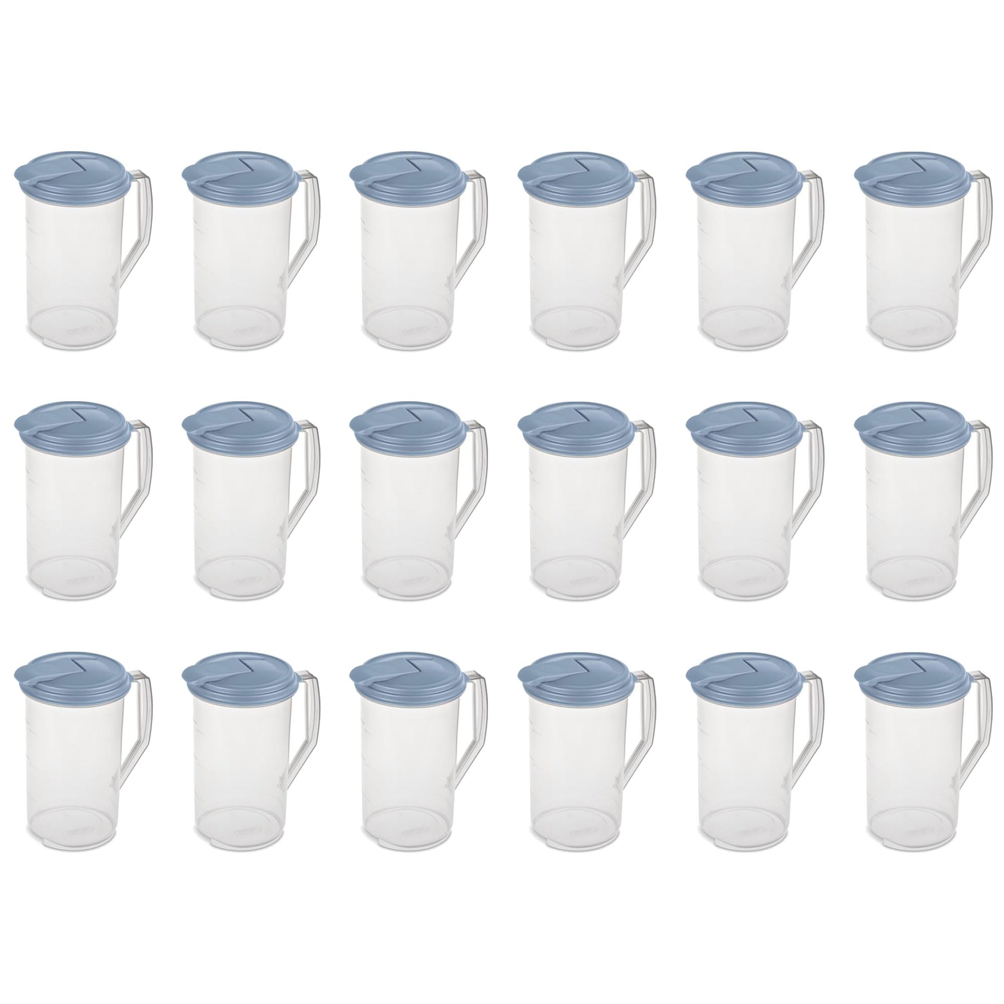 Sterilite 2 Quart Clear Round Plastic Pitcher with Blue Lid - Dishwasher Safe, Easy Pour Spout & Handle - 18-Pack for Kitchen, Parties, Restaurants & Catering