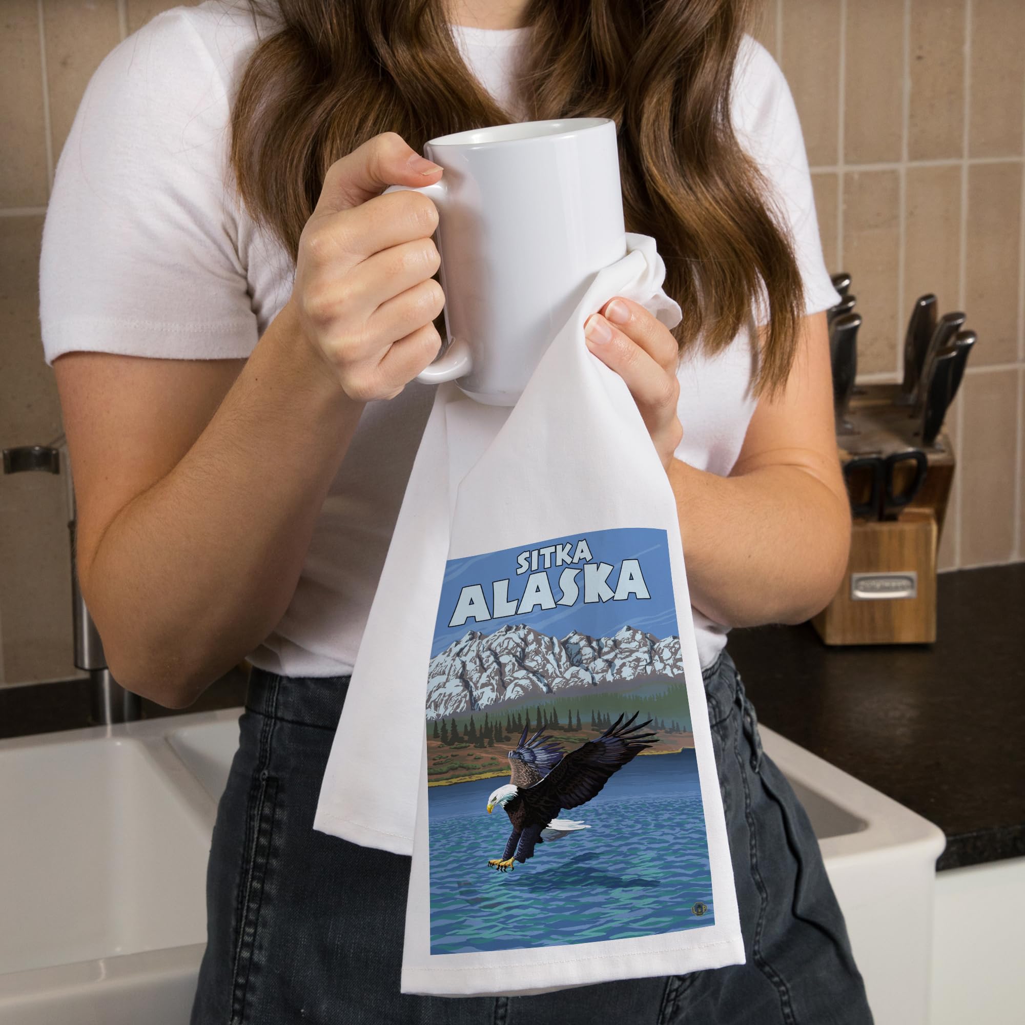 **Lantern Press Sitka Alaska Bad Eagle Diving Tea Towel - 100% Cotton Decorative Hand Towel for Kitchen, Home & Gifts - Perfect for Dish Drying, Decor, and Hostess Gifts**
