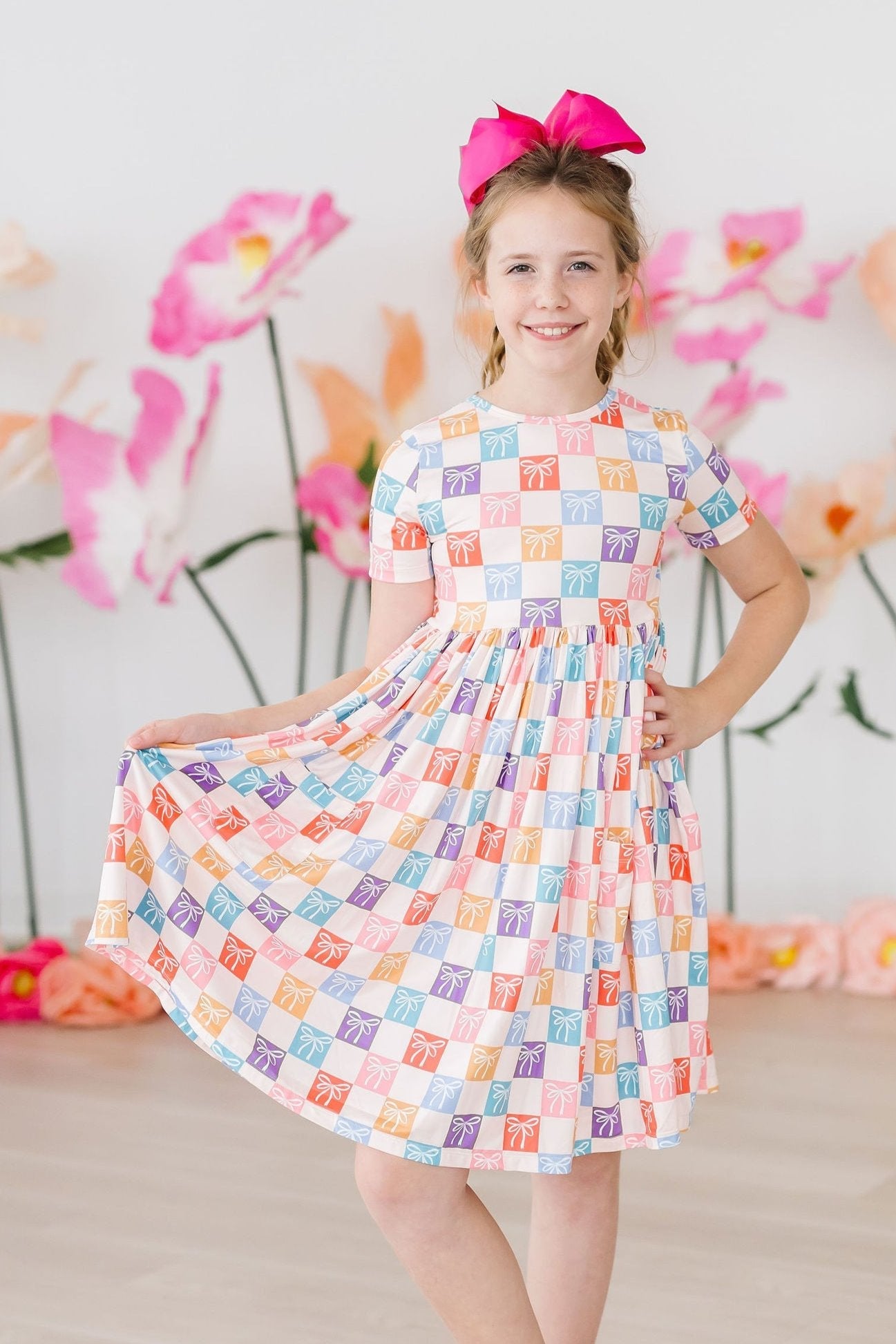 Rainbow Ribbon Short Sleeve Pocket Twirl Dress for Girls - Perfect for Birthday Parties, Dance Performances & Summer Outfits