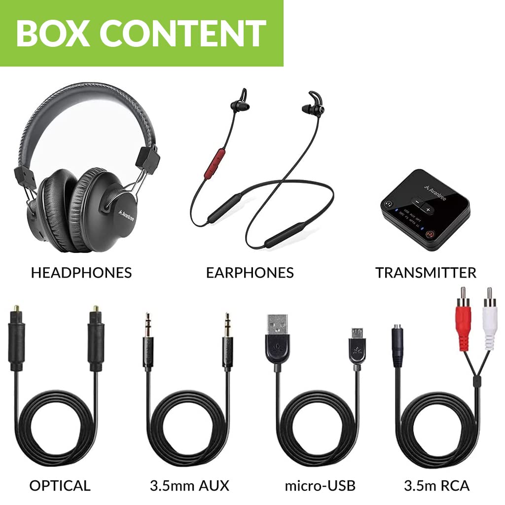 Avantree D4169 Dual Bluetooth 5.0 Wireless Headphones - Over Ear & In Ear Combo with Low Latency Transmitter for TV Watching, Neckband Design, Personalized Volume Control, Plug & Play - Perfect for Home Theater, Gaming, and Workout Sessions