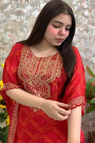 Orange Chinon Silk Bandhej Kaftan Pant Set of 2 - Premium Handmade Indian Ethnic Wear for Women - Perfect for Festivals, Weddings & Special Occasions - UK Next Day Delivery
