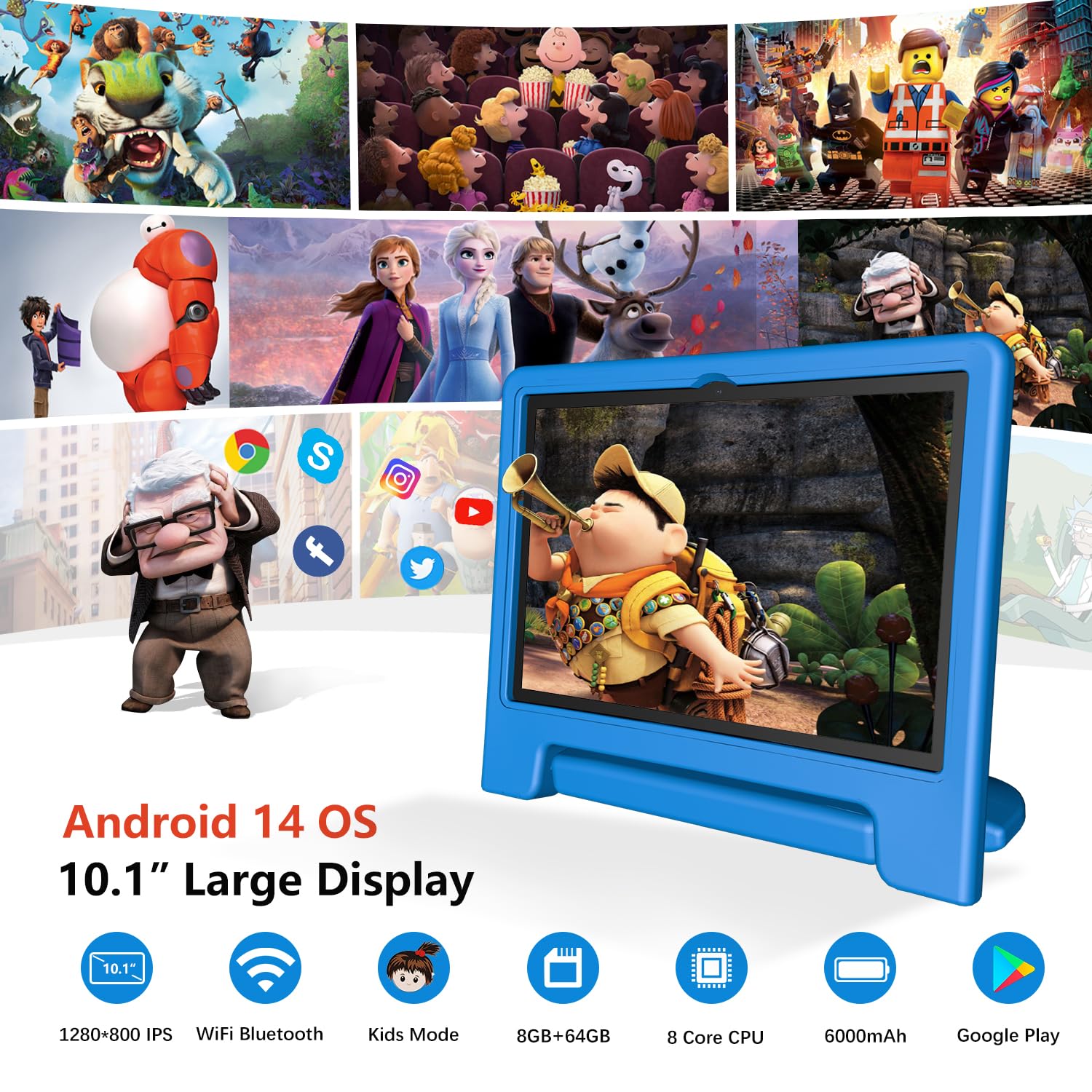 10 Inch Kids Tablet with Android 14 | 8GB RAM 64GB ROM Octa-Core Fast-Charging | Shockproof Case, Bluetooth, WiFi, Parental Control, Dual Camera, GPS | Perfect for Learning, Games & Travel Entertainment