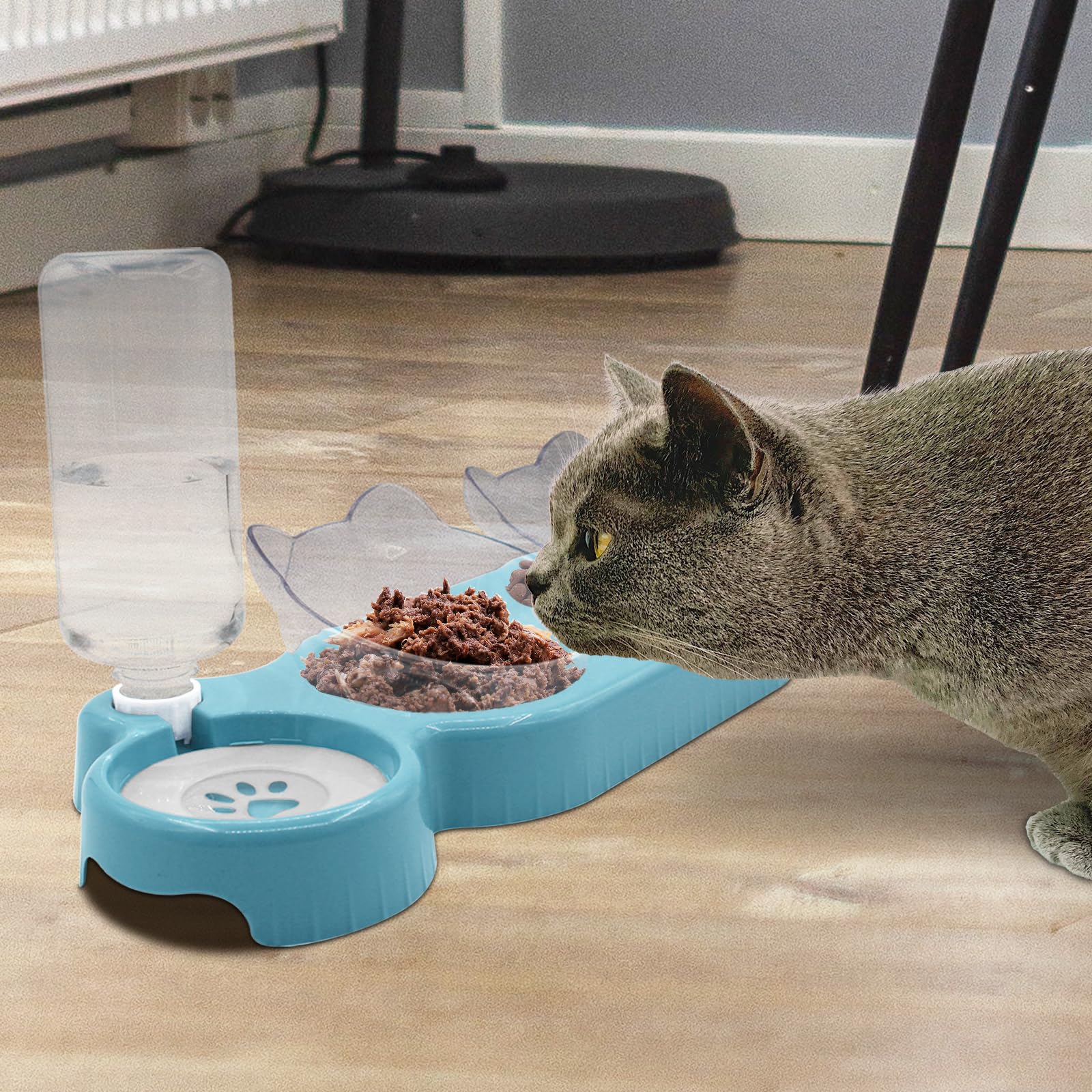 Elevated Triple Cat Bowls Set - 15° Tilted 3-in-1 Food & Water Feeder with Automatic Bottle | Whisker-Friendly Wet/Dry Feeding Dishes for Cats & Small Dogs | Durable Sky Blue Design | Perfect for Home, Kitchen or Travel Use