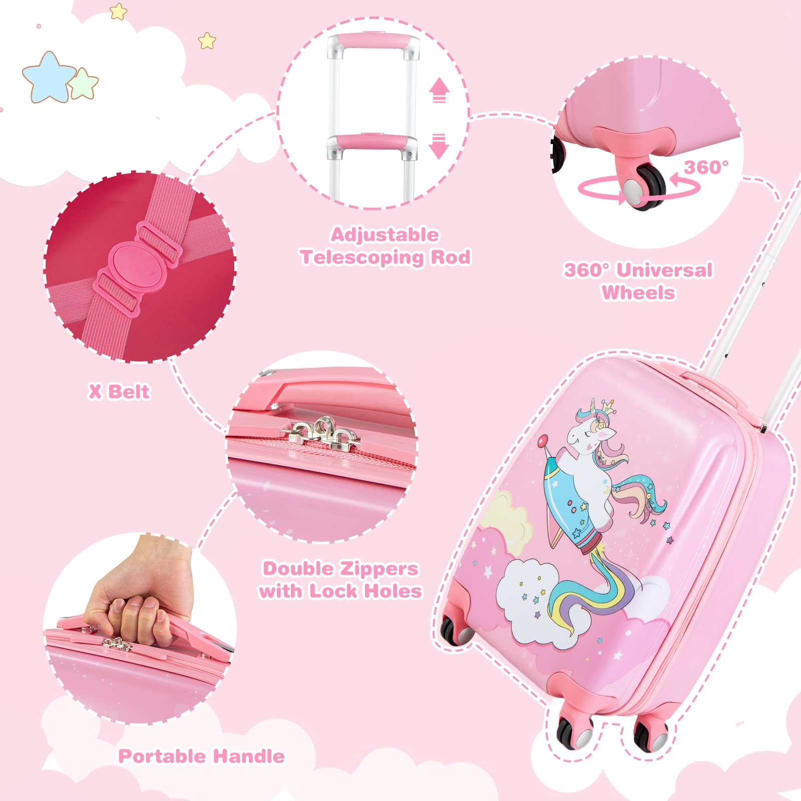 GYMAX 2-Piece Kids Carry-On Luggage Set with 4 Spinner Wheels - 12