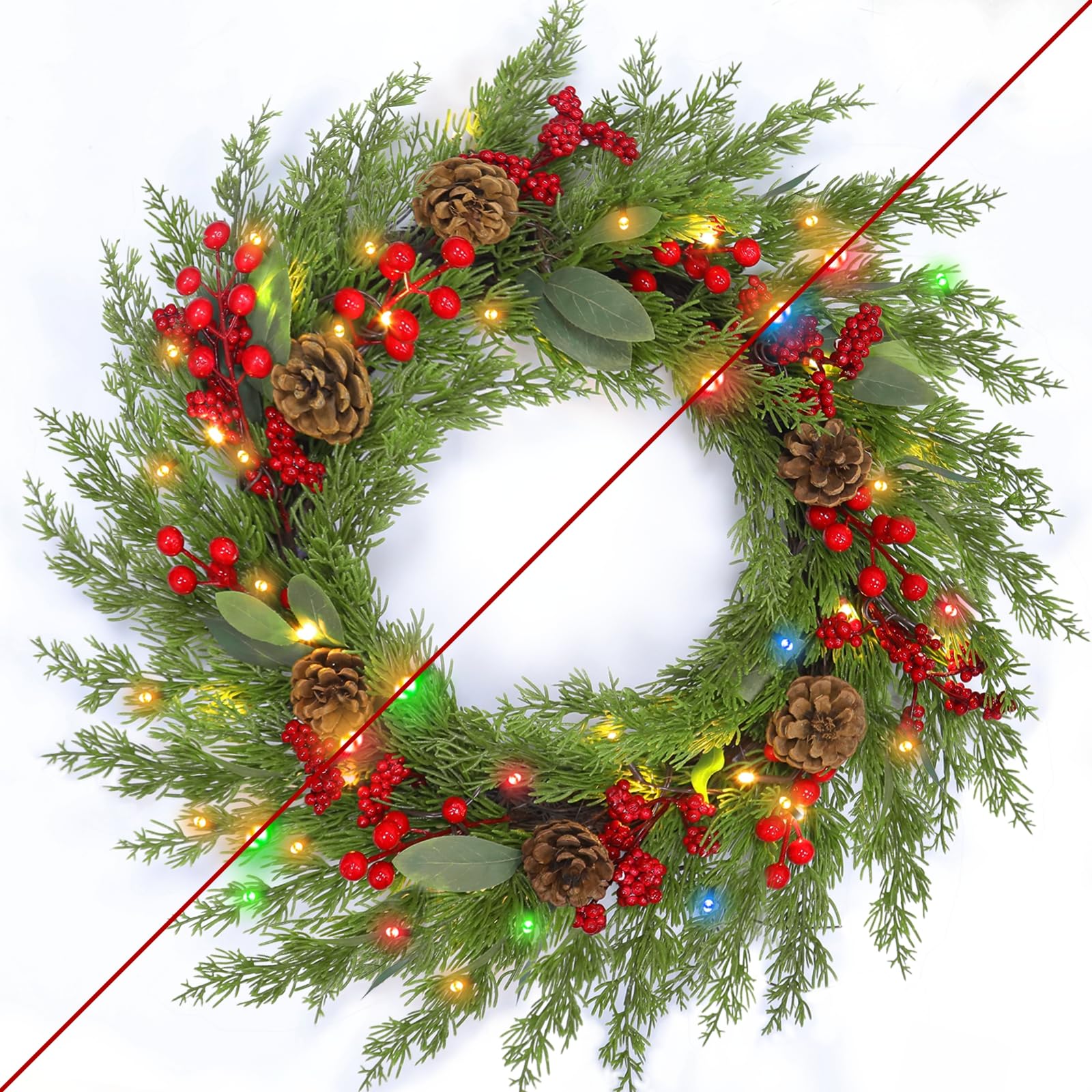 20 Inch Real Touch Christmas Wreath with LED Lights & Timer - 8 Lighting Modes, Battery Operated Artificial Green Cedar Wreath with Pinecones & Berries - Perfect for Front Door, Wall, Windows, Mantle Decorations (Holiday Home & Office Decoration)