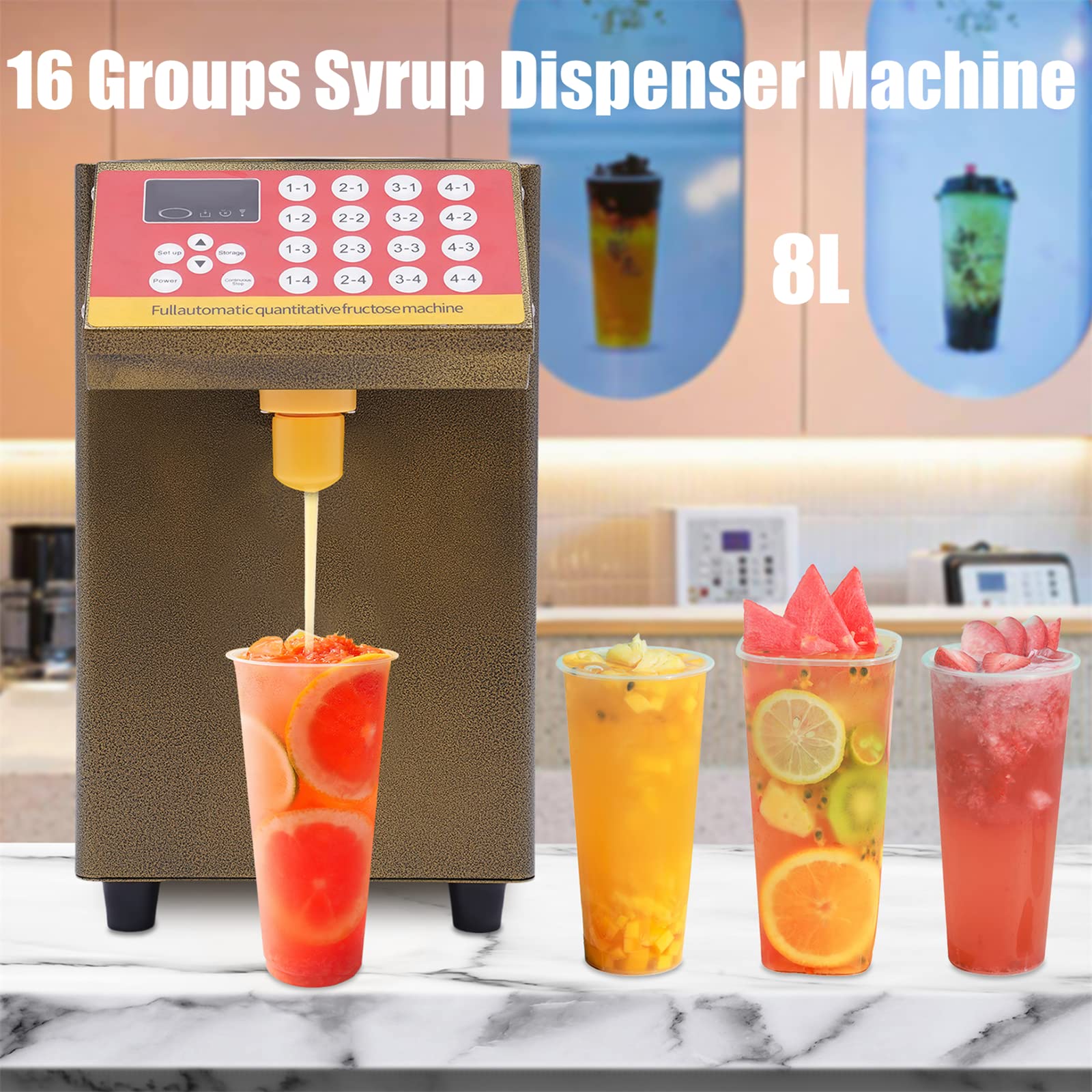 Automatic Fructose Dispenser 8000CC 2 Gallon Syrup Dispenser Machine - 16 Groups Quantitative Fructose Dispenser for Coffee, Bubble Tea & Milk Tea - 110V 500W Commercial Drink Equipment - Perfect for Cafes, Tea Shops & Beverage Businesses
