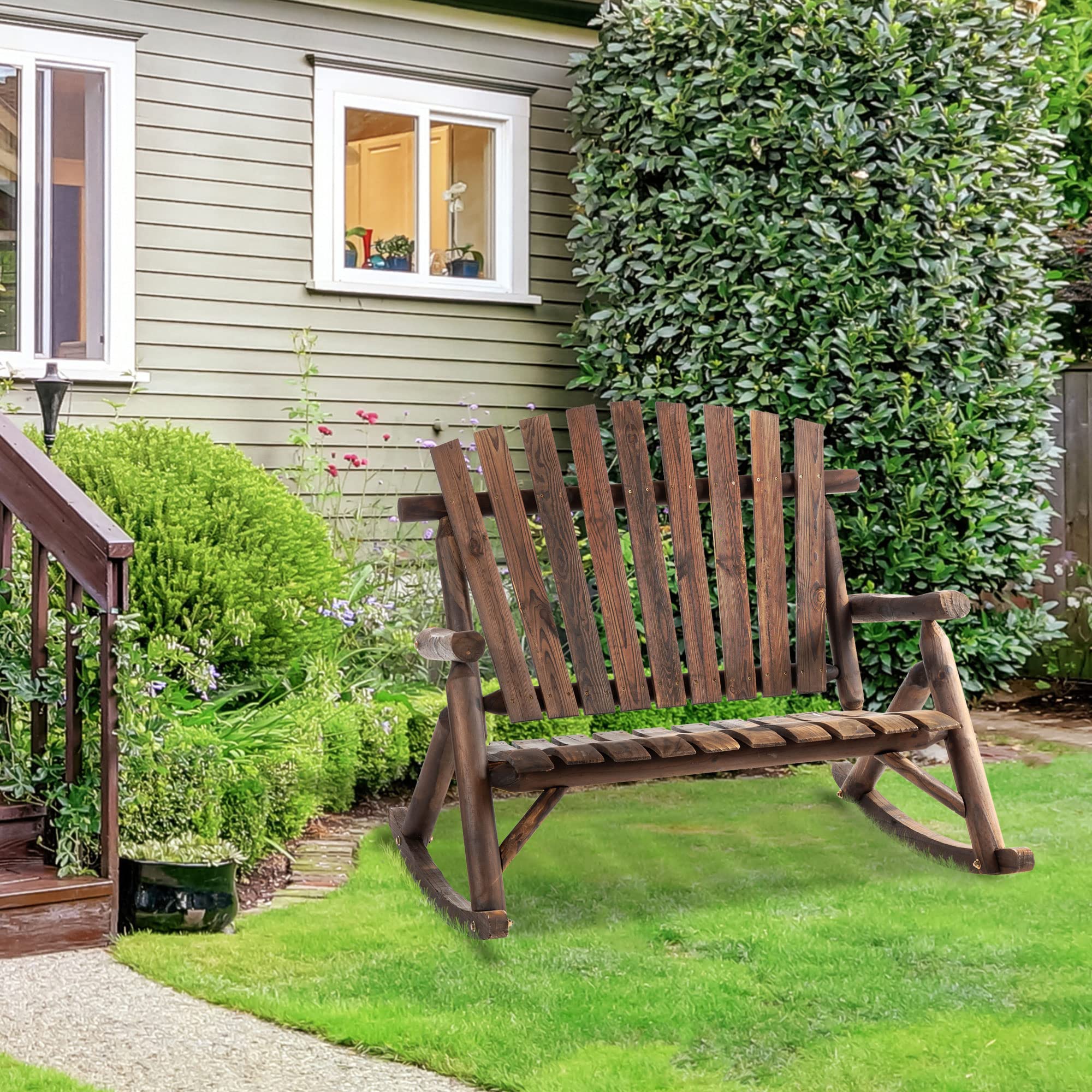 Outsunny Double-Person Outdoor Wooden Rocking Chair - Rustic High Back Adirondack Patio Chair with Slatted Seat & Backrest - Perfect for Backyard, Garden, Porch & Indoor Relaxation - Carbonized Finish for Durability