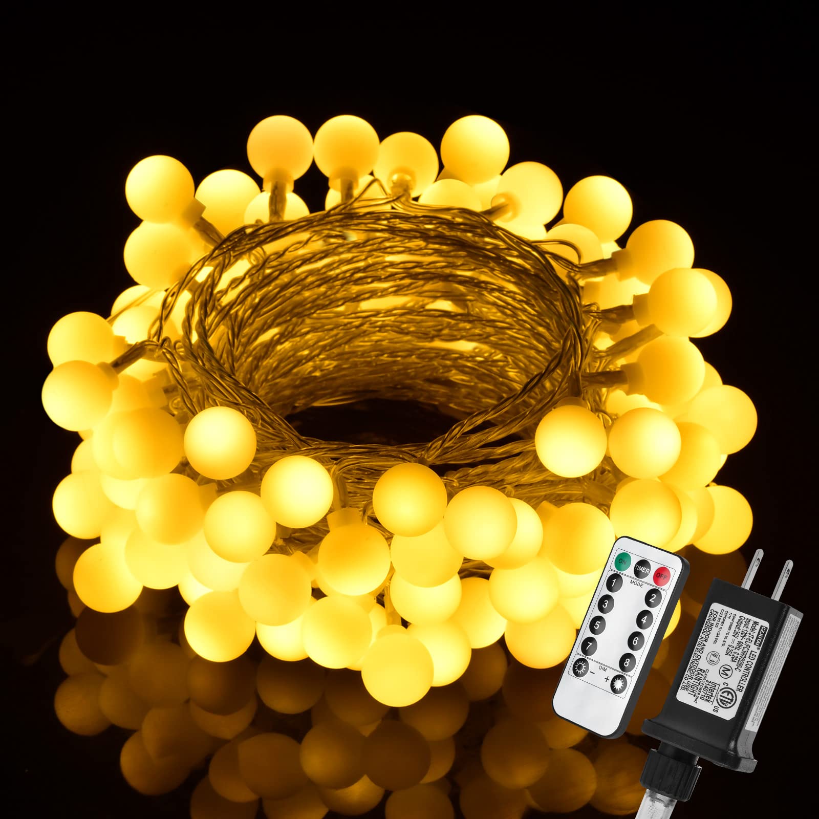 33FT 100LED Fairy Christmas String Lights Plug in - Waterproof Globe Ball Twinkle Lights with 8 Modes for Indoor/Outdoor Decor - Perfect for Bedroom, Wedding, Party, Christmas Tree & New Year Celebrations (Warm White)