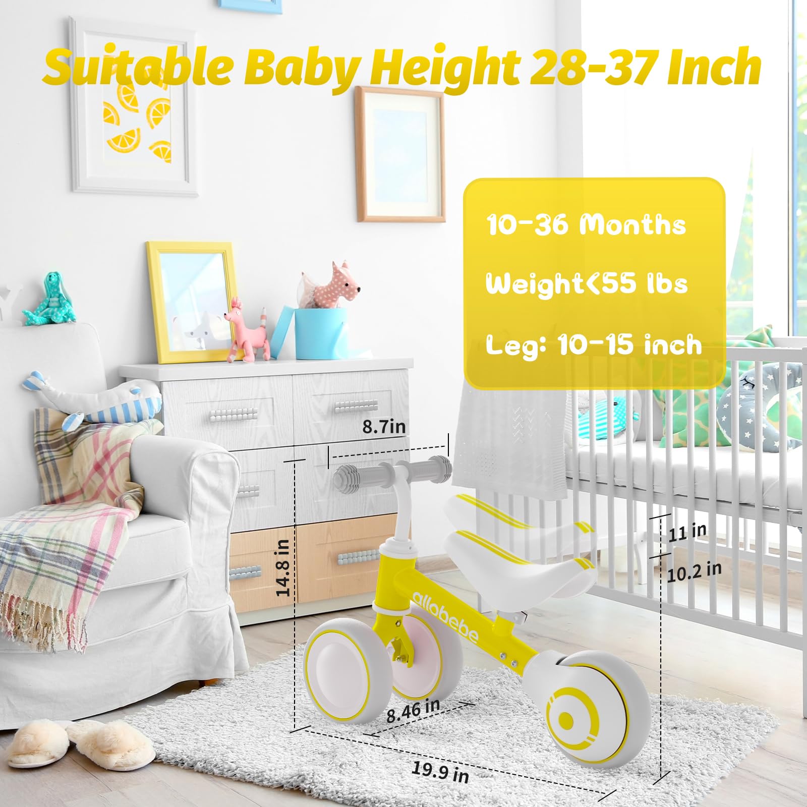 Allobebe Baby Balance Bike for Toddlers 12-36 Months - Adjustable Seat, Silent 3-Wheels Training Bike for 1 Year Old Girls & Boys - Perfect First Birthday Gift to Help Babies Learn Standing & Walking - Indoor & Outdoor Play, Park Rides, Backyard Fun