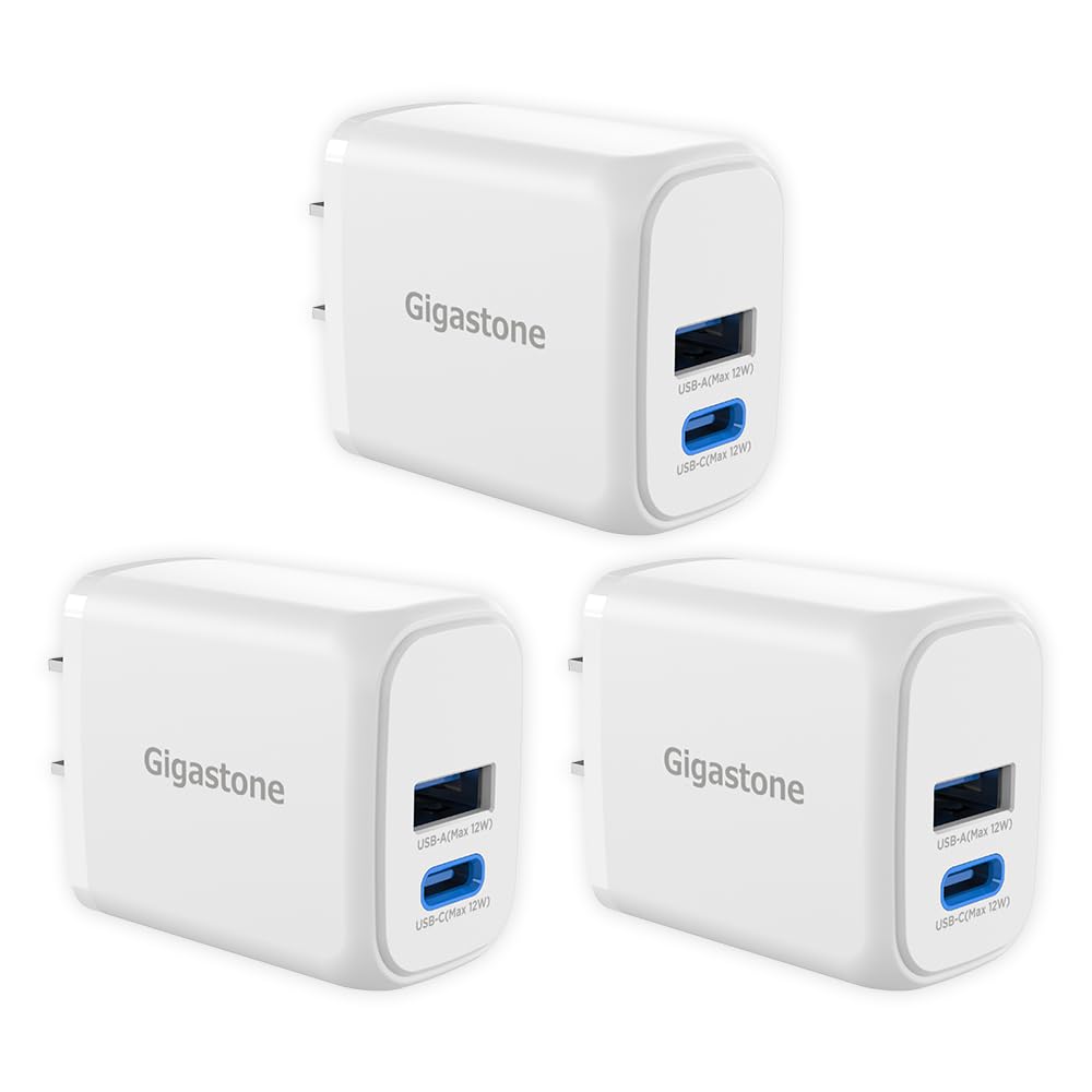 Gigastone 12W Dual Port USB C & USB A Wall Charger [3 Pack] - Fast Charging Block for iPhone 16/15/14/13/12, Samsung Galaxy S24/S23/S22, Kindle E-Reader - Travel Power Brick with 2.4A Output - Perfect for Home, Office & On-The-Go Charging
