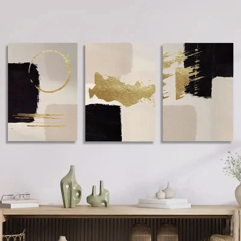 3-Piece Golden Geometric Abstract Wall Art Set - Framed Canvas Prints 40x60cm - High Quality Australian Made Wall Decor - Perfect for Living Room, Bedroom & Office Decor
