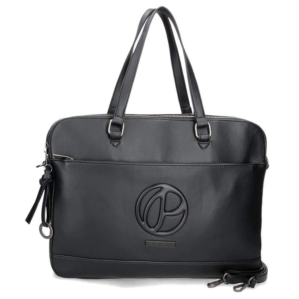 Pepe Jeans Adjustable Laptop Bag for Men & Women - Lightweight Waterproof Computer Briefcase with USB Charging Port - Perfect for Work, Travel & School (Black/White)