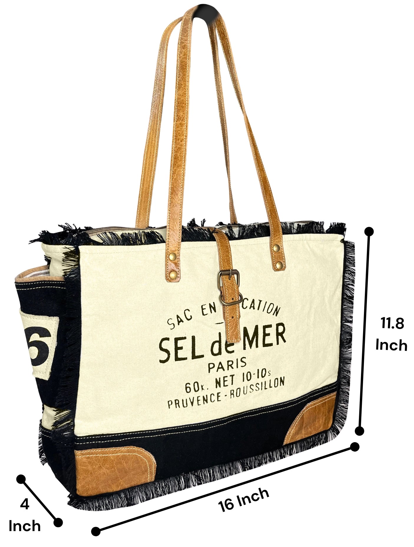 Stylish Leather Canvas Tote Bag for Women - Sel de Mer French Inspired Shoulder Bag in Black | Perfect for Work, Travel & Beach Day Essentials