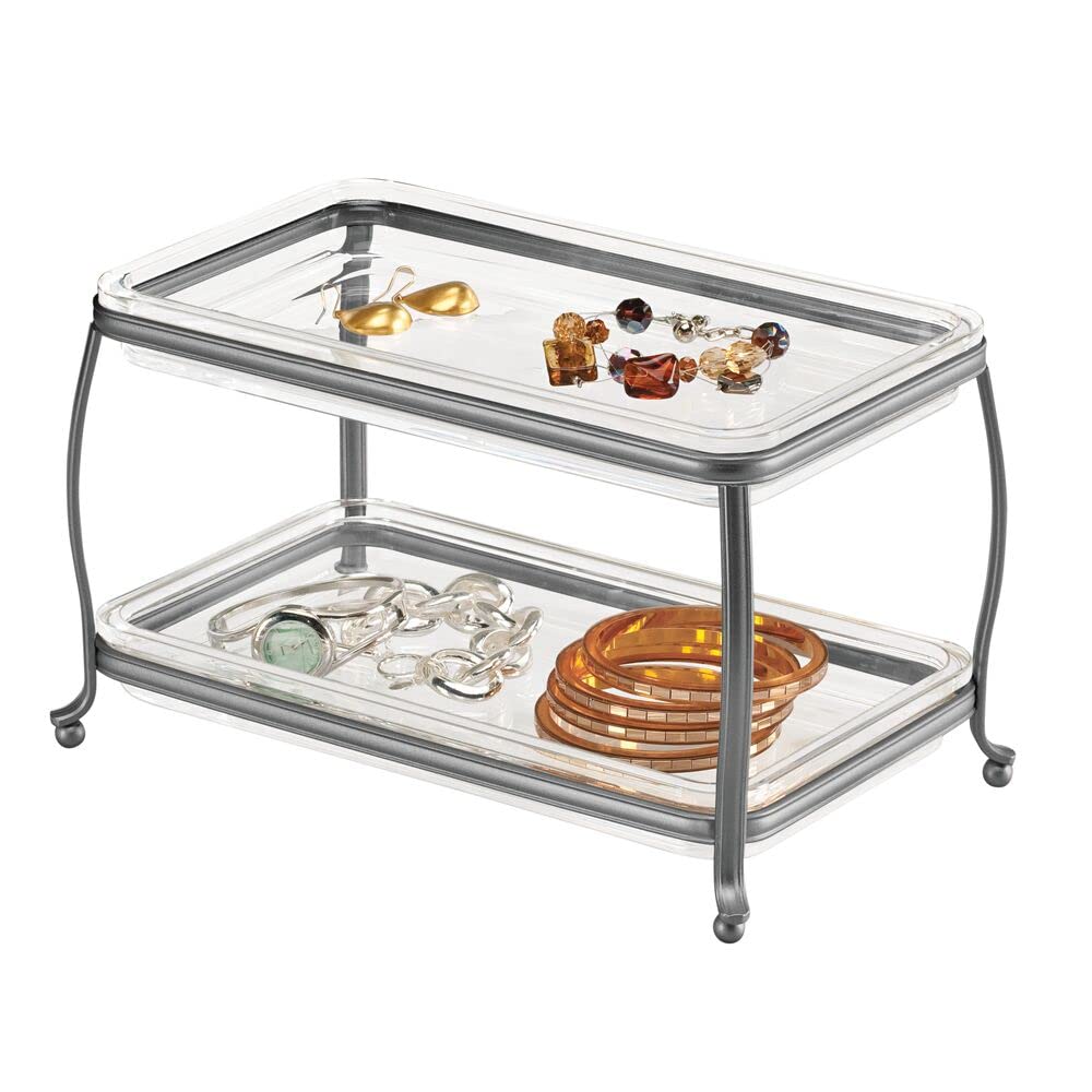 mDesign 2-Tier Decorative Makeup Organizer Vanity Tray - Holds Makeup Brushes, Eyeshadow Palettes, Lipstick, Perfume & Jewelry - Graphite Gray/Clear - Perfect for Bathroom Countertops, Dressing Tables & Vanity Organization