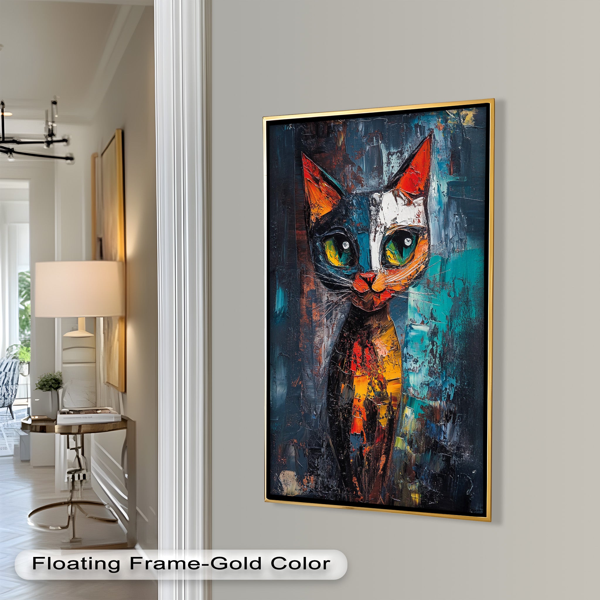 Abstract Cat Portrait with Neon Hues - Vibrant Animal Oil Painting Wall Art for Living Room, Bedroom & Office Decor