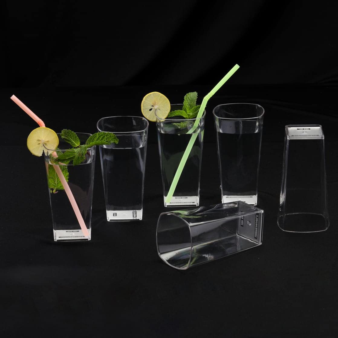 LEAWALL 6-Pack Unbreakable Plastic Drinking Glasses - 300ml Square Clear Cups for Juice, Beer, Wine & Cocktails - Stylish & Durable for Parties, Picnics, Poolside & Outdoor Entertaining