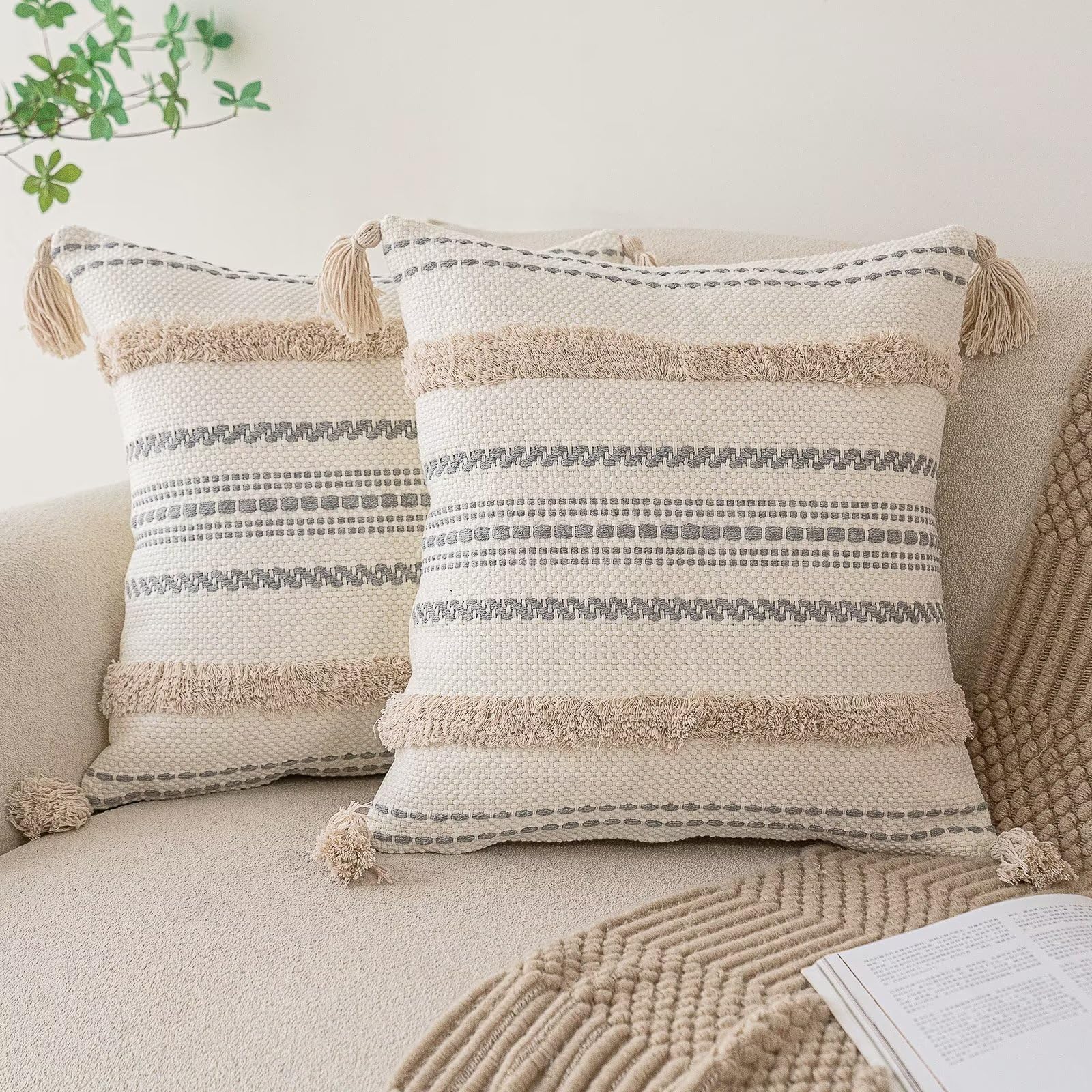 Boho Throw Pillow Covers 18x18, Set of 2 - Woven Tufted Farmhouse Pillow Covers with Tassels, Textured Striped Cushion Cases in Neutral Khaki - Perfect for Sofa, Couch, Bed & Home Decor