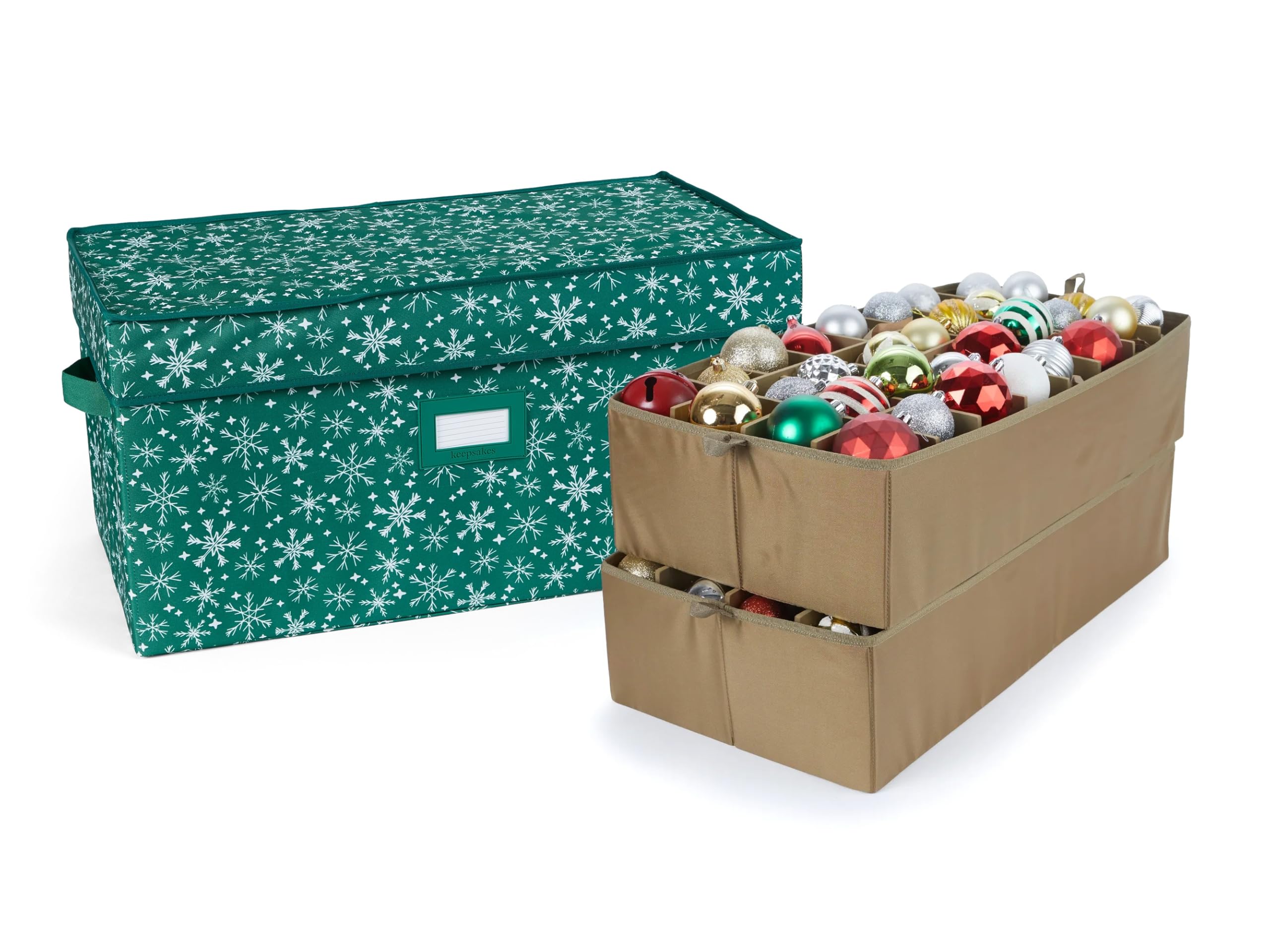 Covermates Keepsakes Adjustable Ornament Storage Box with Carrying Handles & Padded Protection - Holiday Decoration Organizer for Christmas Tree Ornaments (Green Snowflake Design) - Perfect for Seasonal Storage and Home Organization