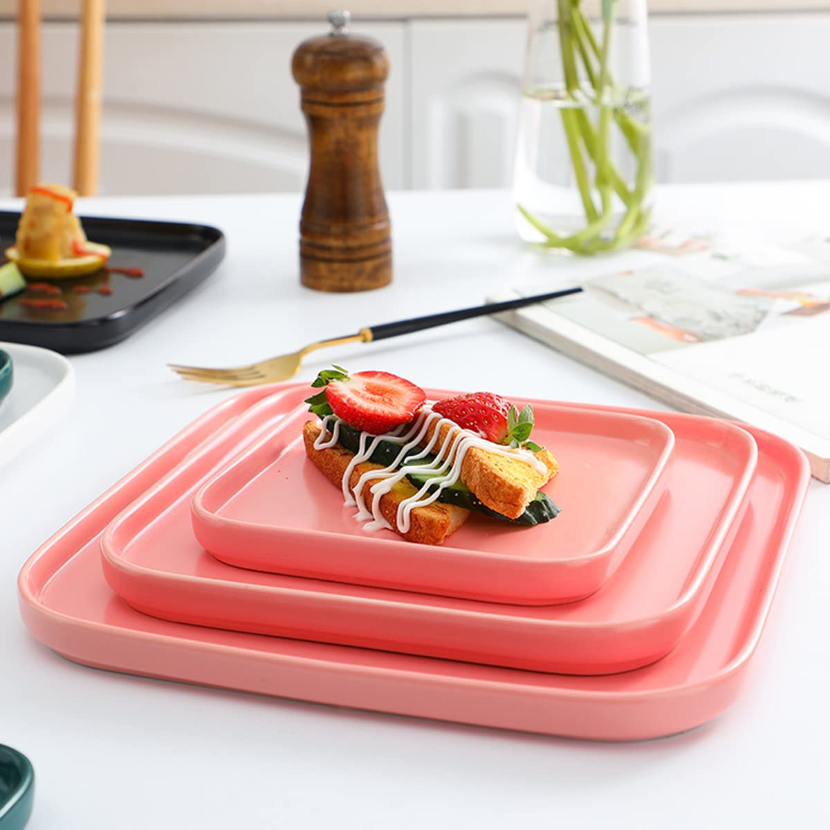 Pink 6-Inch Square Porcelain Dinner Plates, Set of 2 - Microwave & Dishwasher Safe for Kitchen & Restaurant